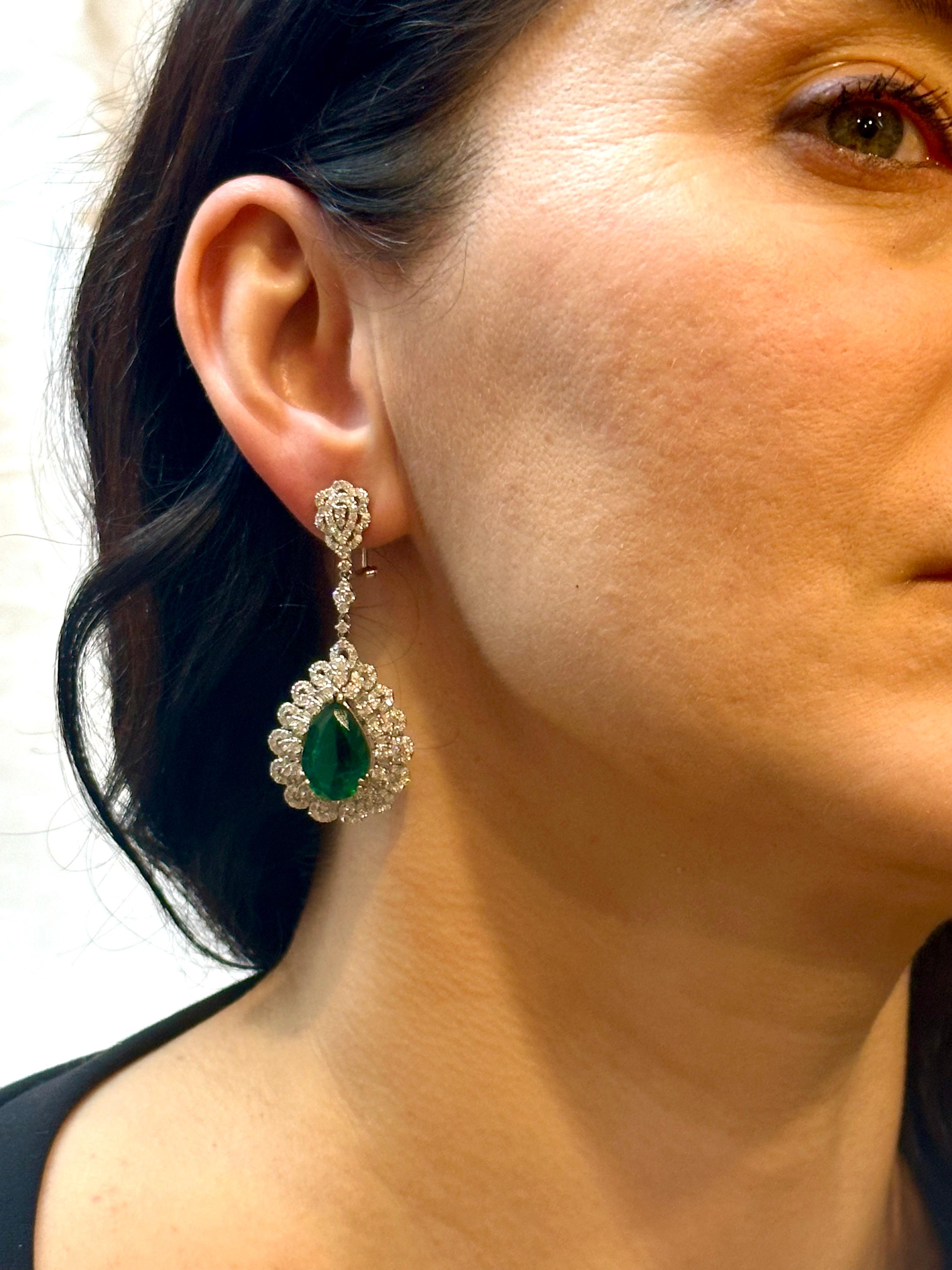 GIA Certified 14Ct Pear/Drop Zambian Emerald 7 Ct Diamond  Earrings 18 Kt Gold For Sale 12