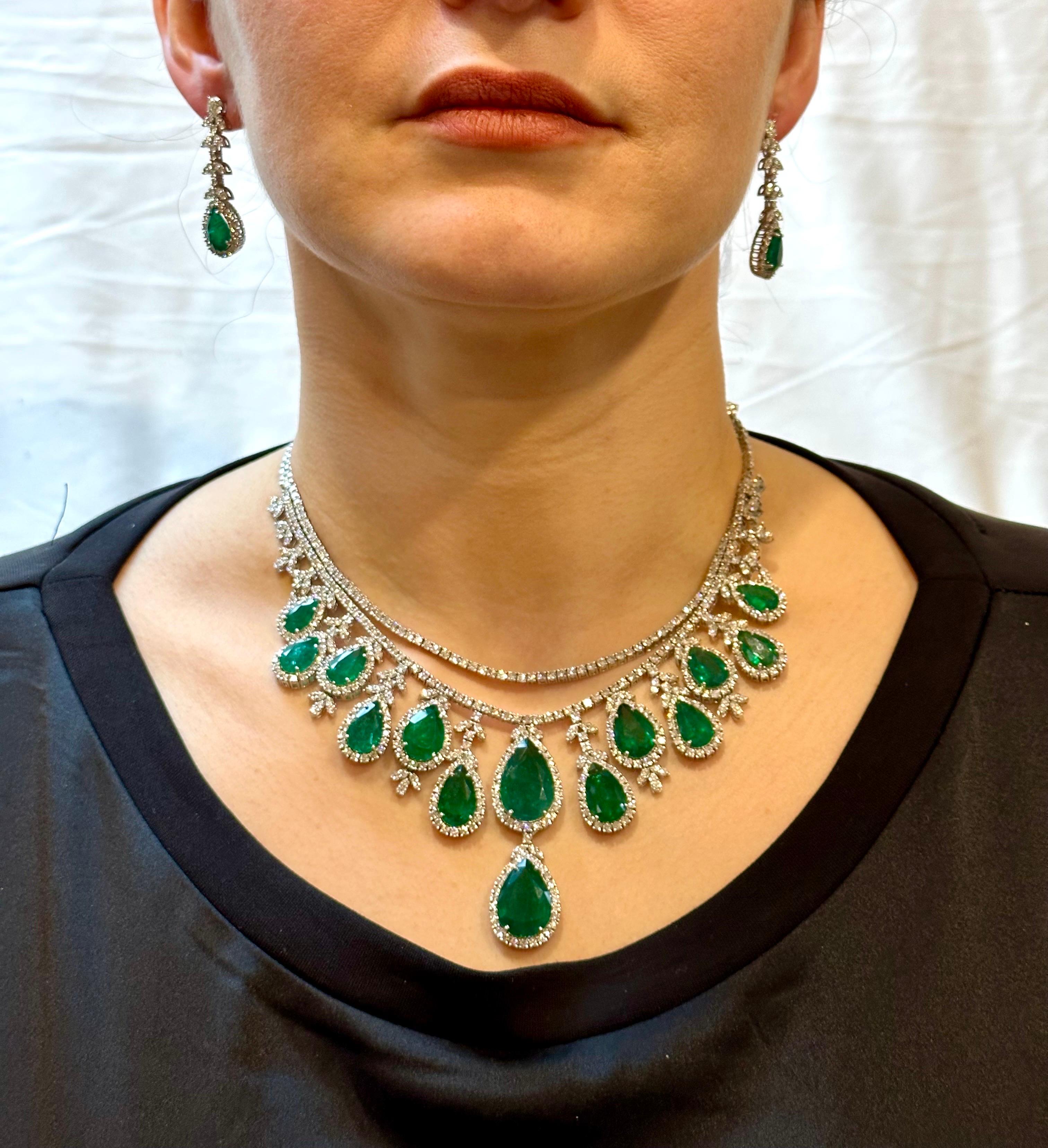75 Ct Zambian Emerald and 30 Ct Diamond Necklace and Earring Bridal Suite For Sale 14