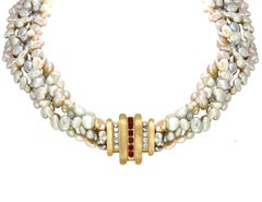 Designer Lagos Diamond & Ruby Brooch& Pearls Necklace 14k Yellow Gold, Antique