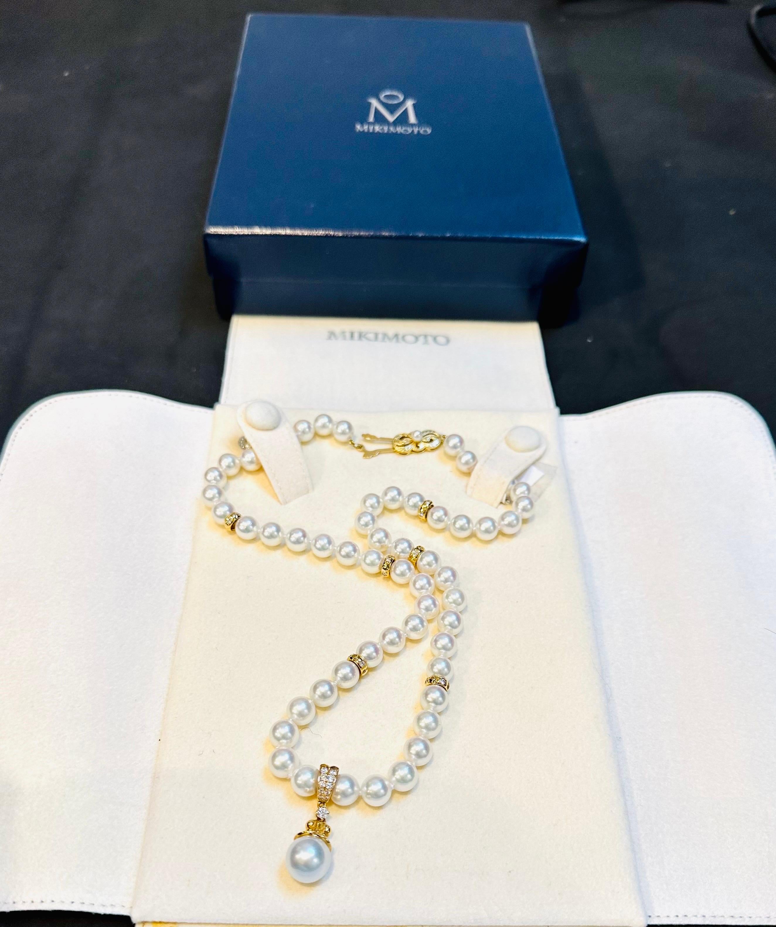 Mikimoto 18 Karat Yellow Gold and Diamonds Drop Pendant Pearl Strand Necklace 8
