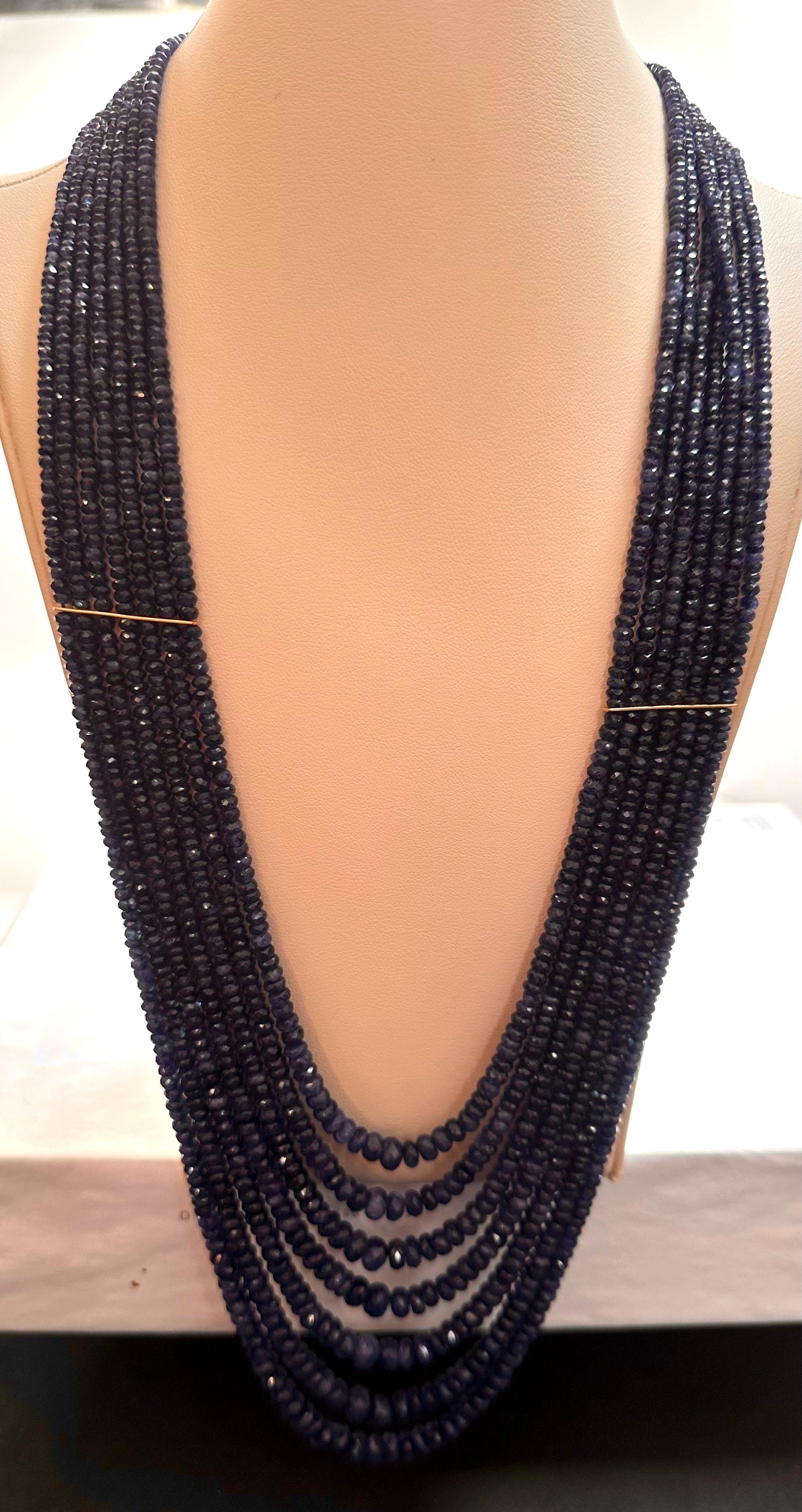 Women's 760 Carat Natural Sapphire Bead Seven Strand Necklace  14K Gold With Spacer 28