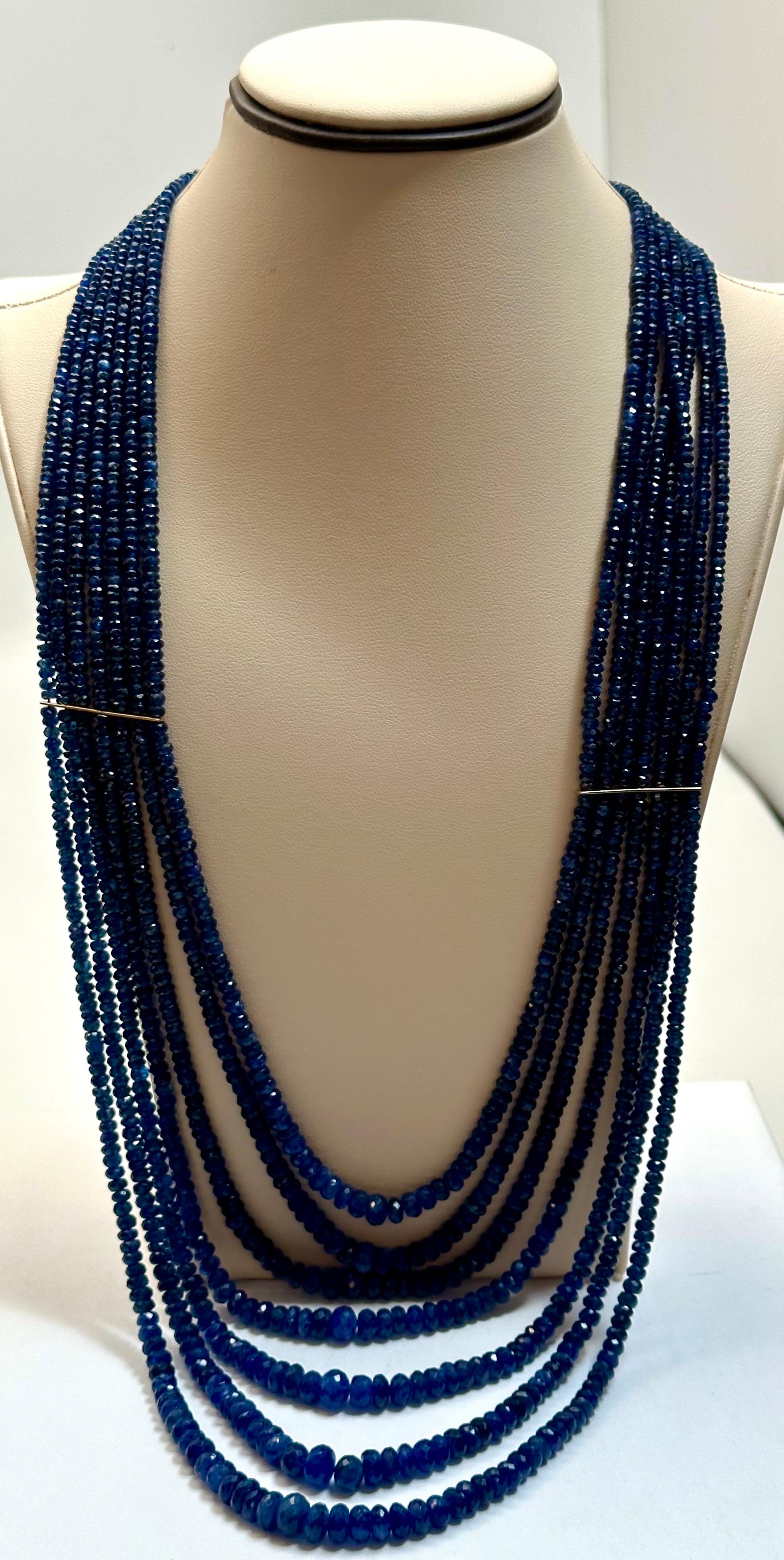 760 Carat Natural Sapphire Bead Seven Strand Necklace  14K Gold With Spacer 28