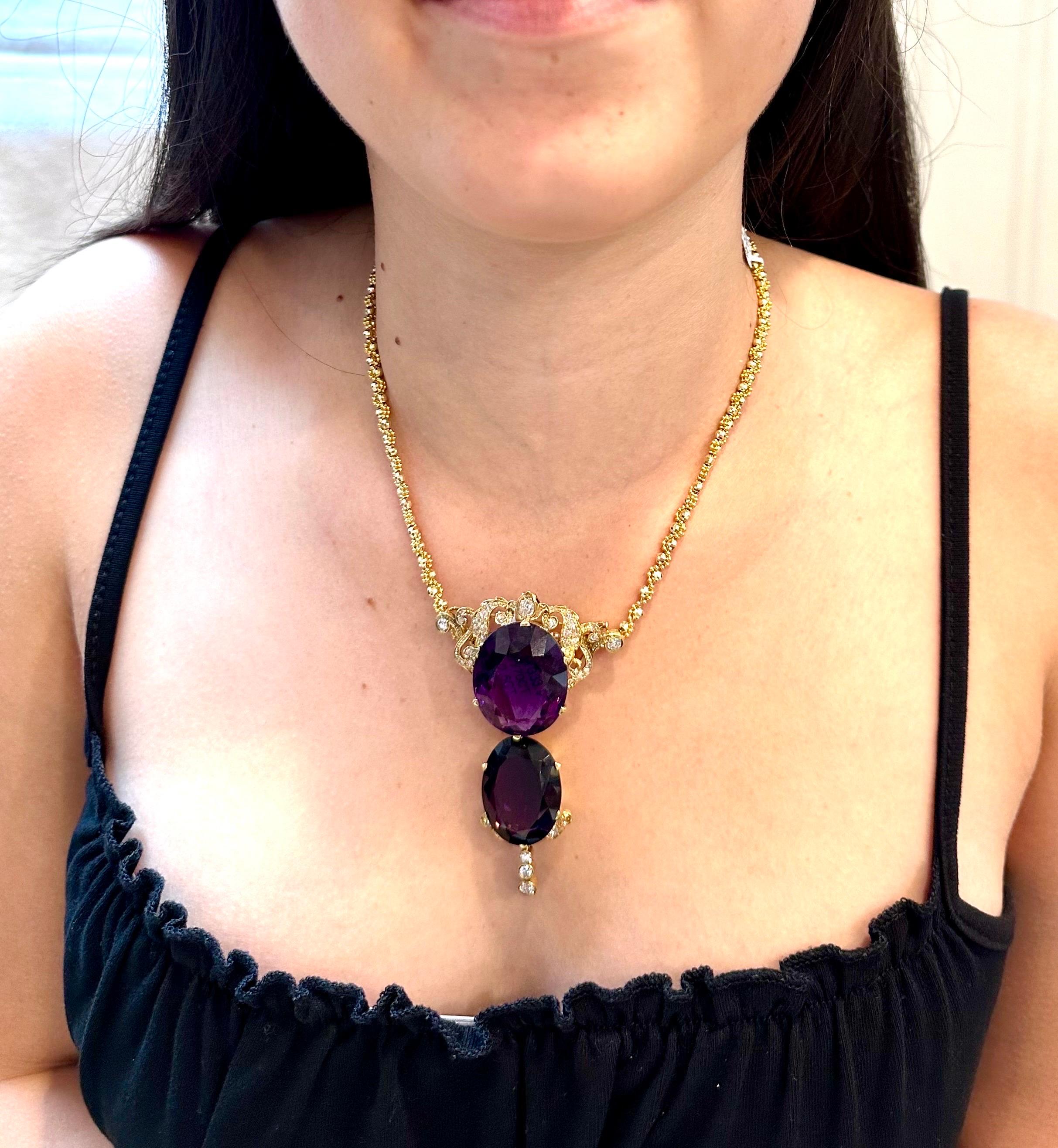 Huge Two Oval Shape Amethyst Pendant Necklace/ Pin & Diamonds 14 Kt Yellow Gold  For Sale 14