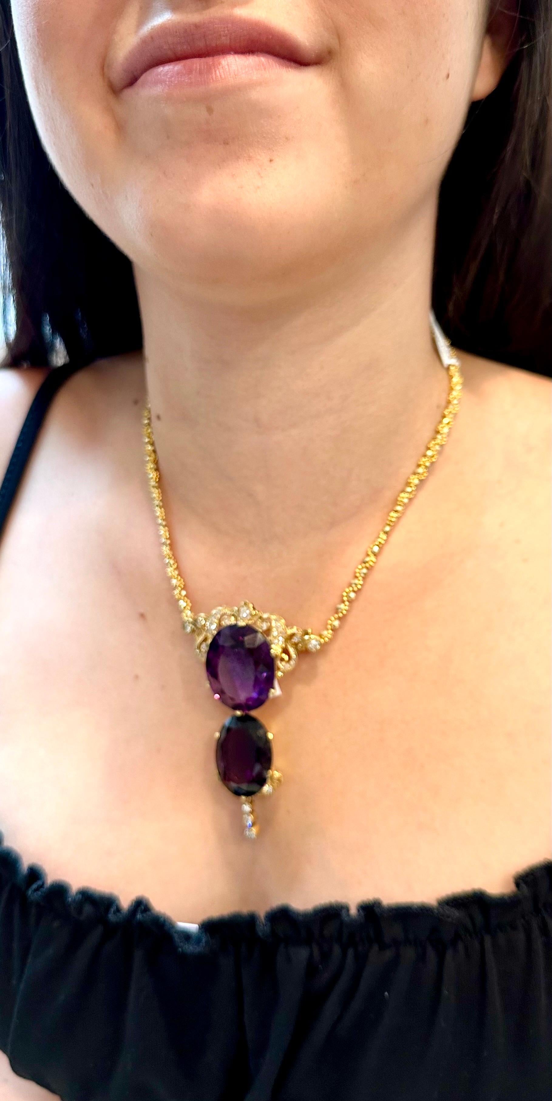 Huge Two Oval Shape Amethyst Pendant Necklace/ Pin & Diamonds 14 Kt Yellow Gold  For Sale 15