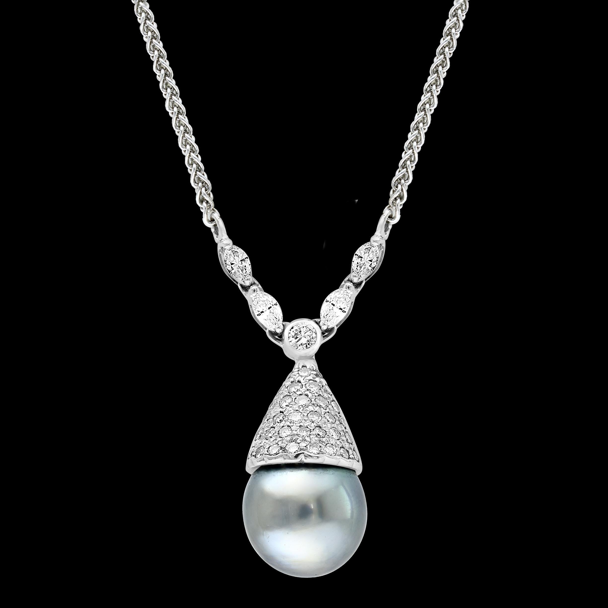 14 mm Black Round Tahitian Pearl & 2 Ct Diamond 14 Kt Gold  Pendant /Necklace For Sale 10