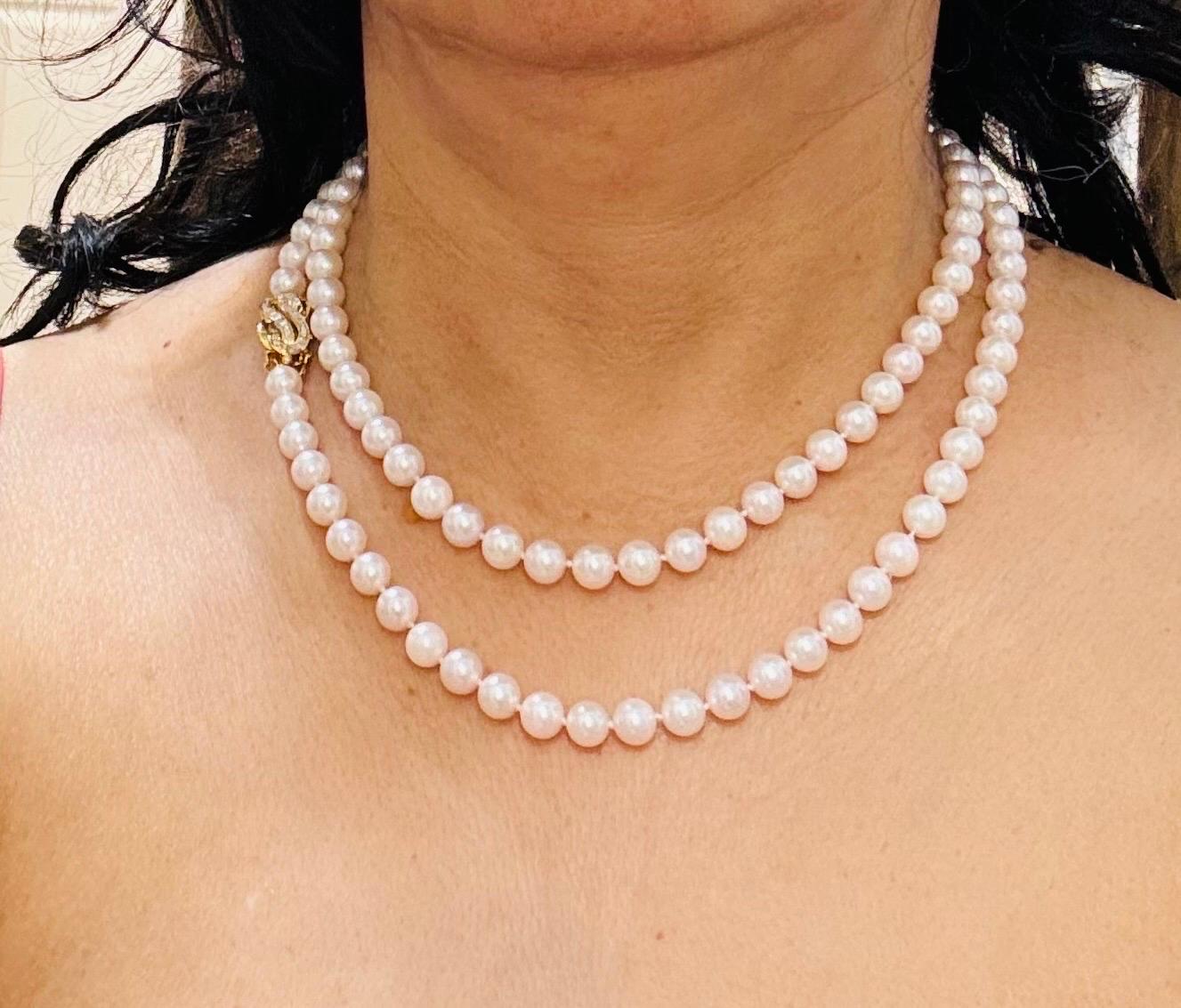 Vintage Cultured Akoya Pearl Strand Necklace Opera Length with Diamond Clasp For Sale 12