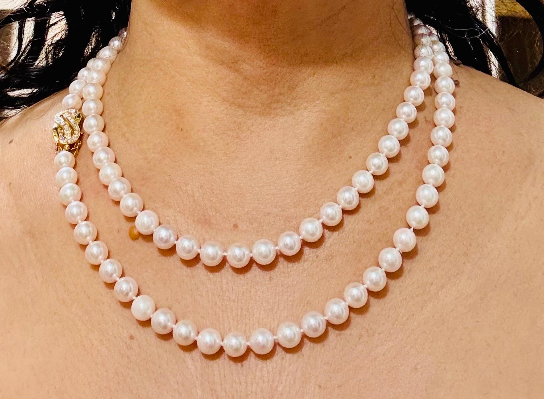 Vintage Cultured Akoya Pearl Strand Necklace Opera Length with Diamond Clasp For Sale 11