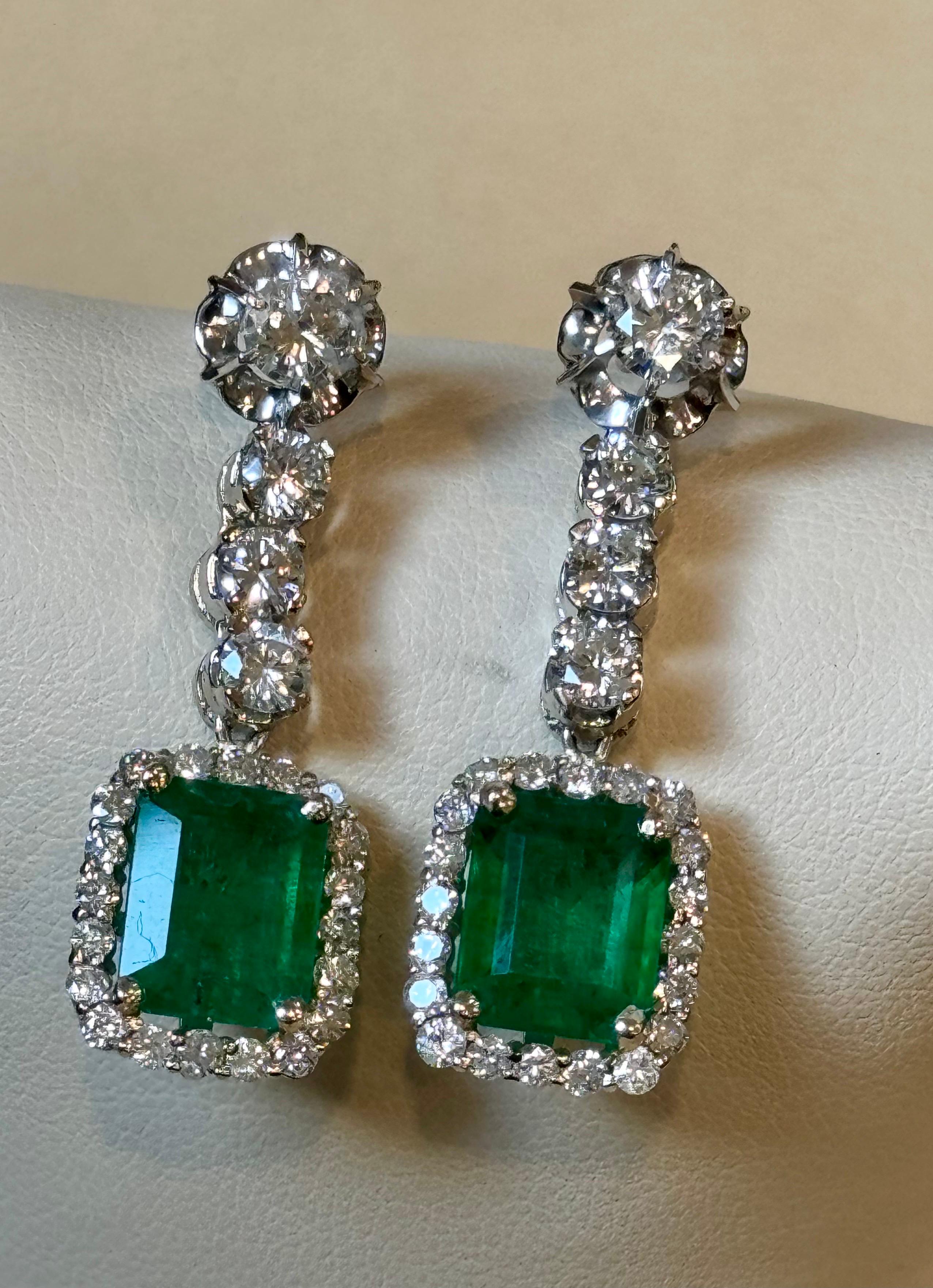 Vintage 8 Ct Zambian Emerald Cut Emerald & 4 Ct Diamond Dangling Earrings 18KWG For Sale 6