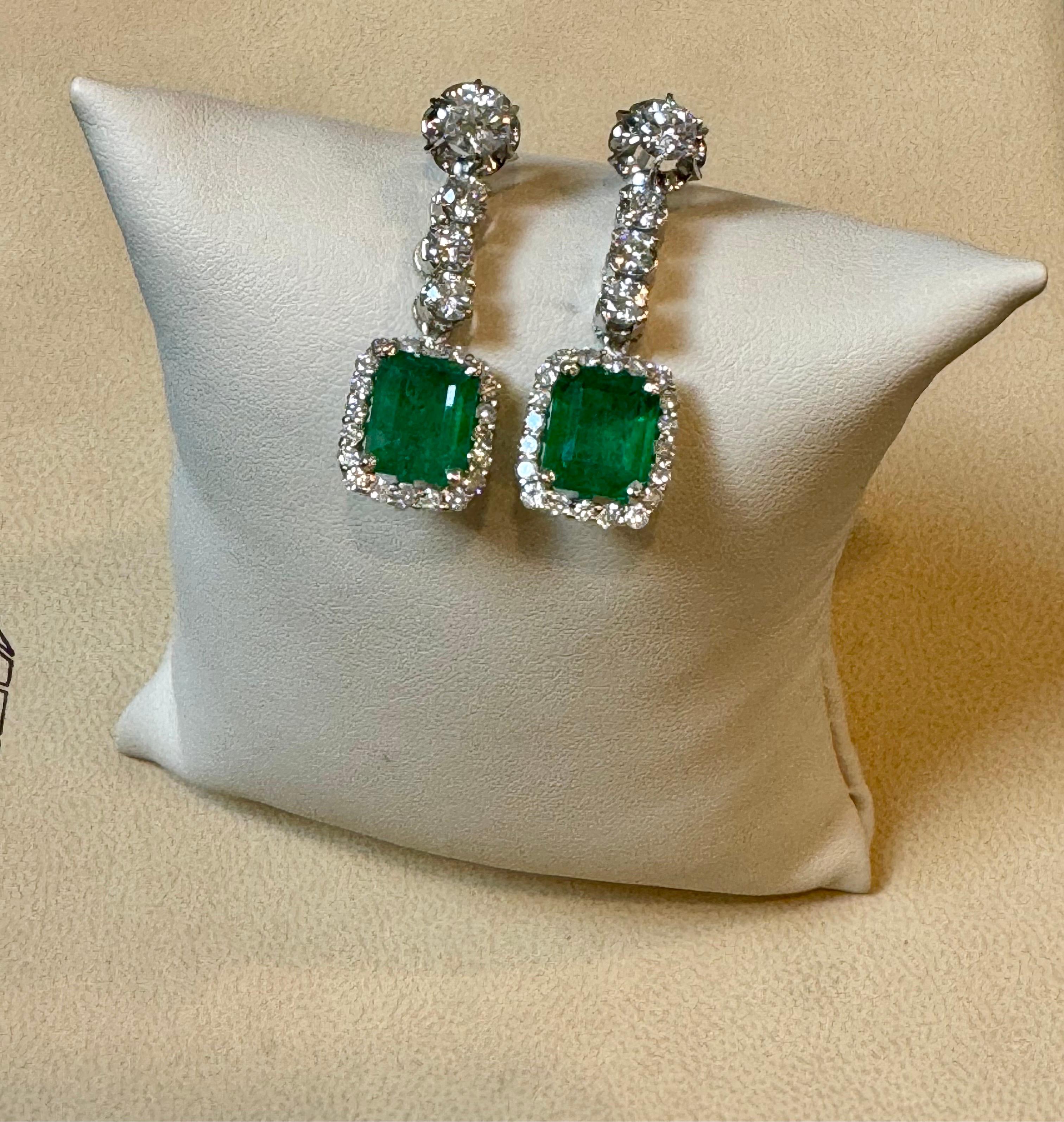 Vintage 8 Ct Zambian Emerald Cut Emerald & 4 Ct Diamond Dangling Earrings 18KWG For Sale 5
