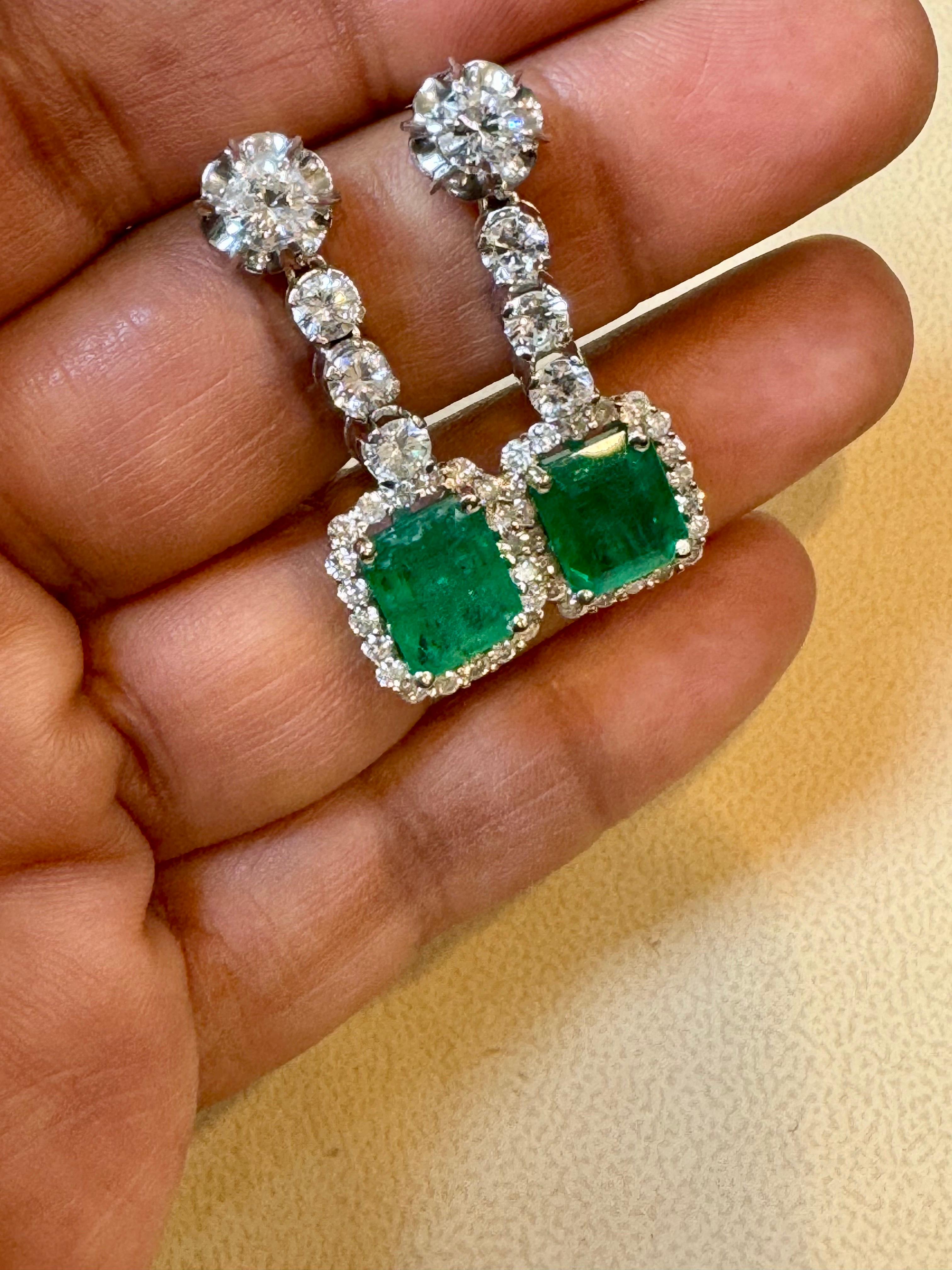 Vintage 8 Ct Zambian Emerald Cut Emerald & 4 Ct Diamond Dangling Earrings 18KWG For Sale 7