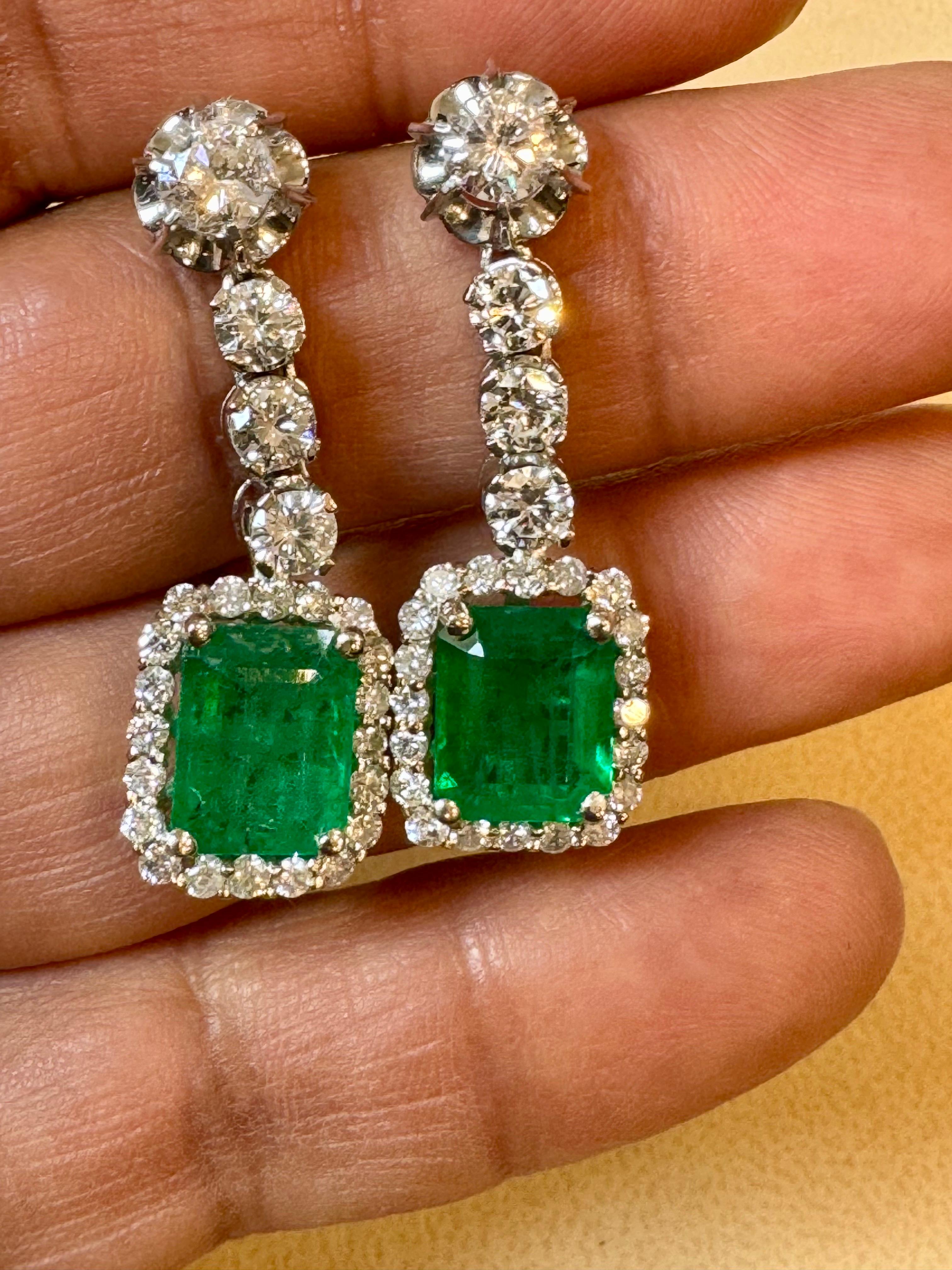 Vintage 8 Ct Zambian Emerald Cut Emerald & 4 Ct Diamond Dangling Earrings 18KWG For Sale 8