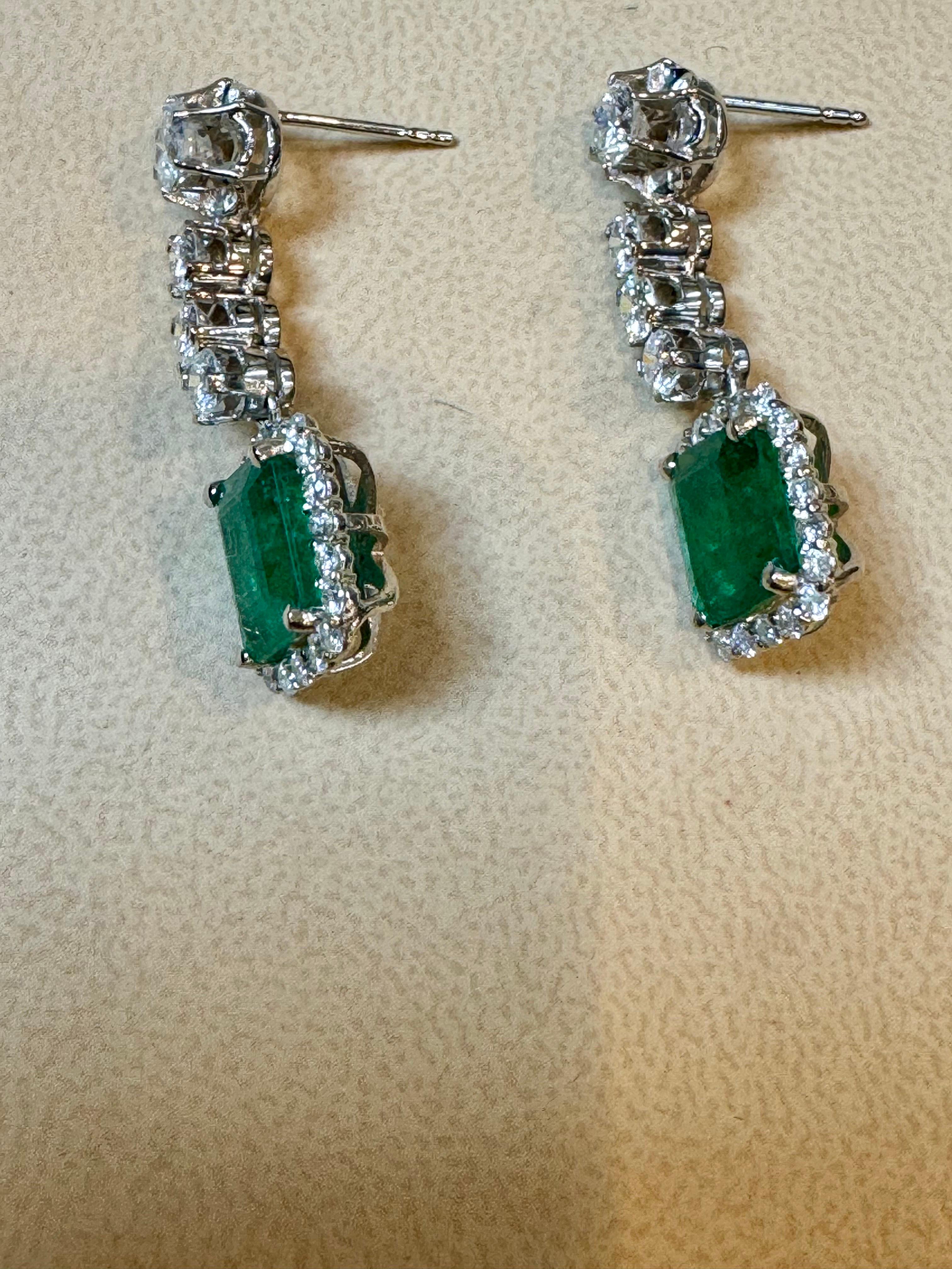 Vintage 8 Ct Zambian Emerald Cut Emerald & 4 Ct Diamond Dangling Earrings 18KWG For Sale 9