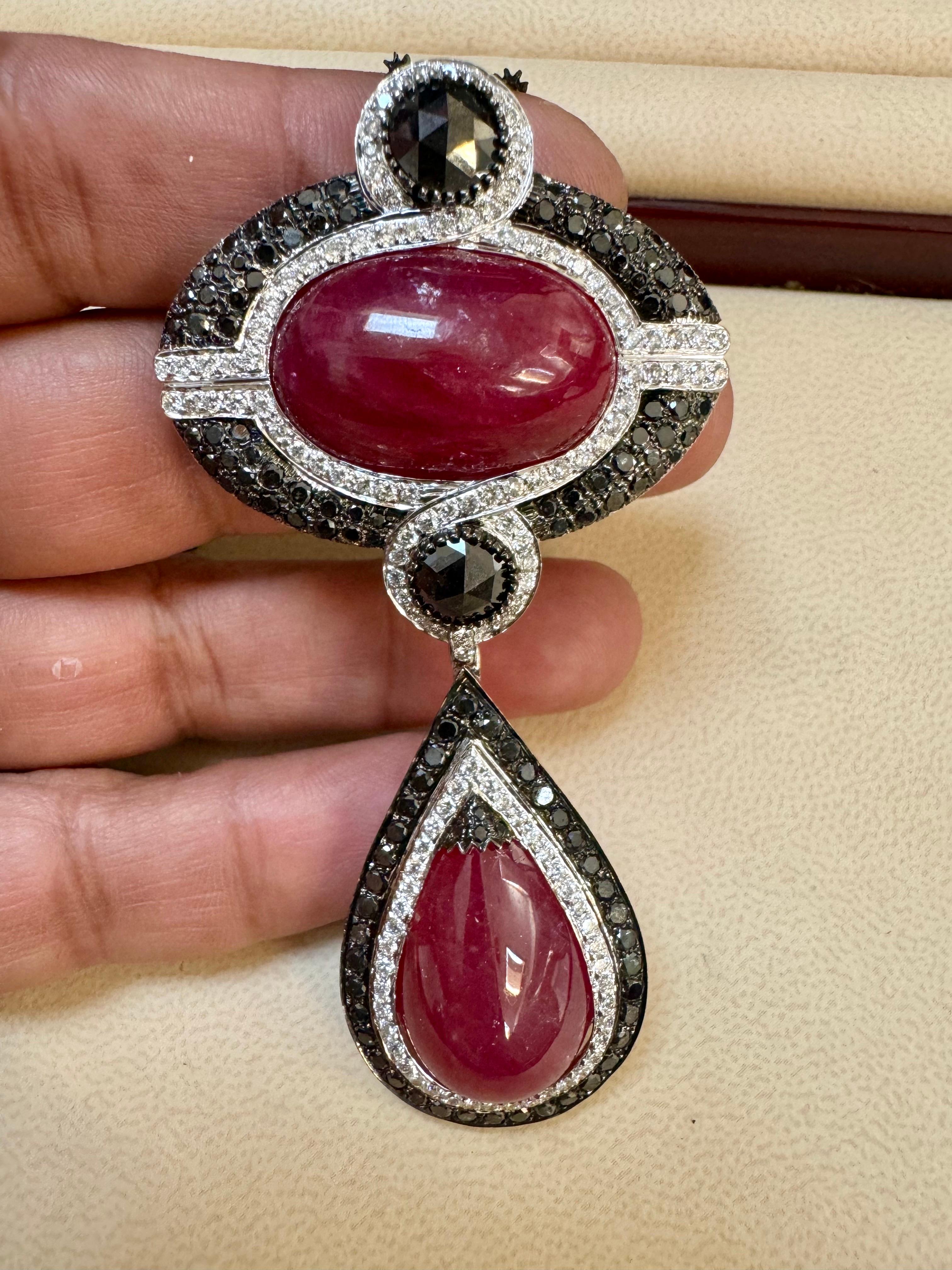 Vintage Large Pendant 40Ct Natural Ruby No Heat & Black & White Diamond 18KWG For Sale 4