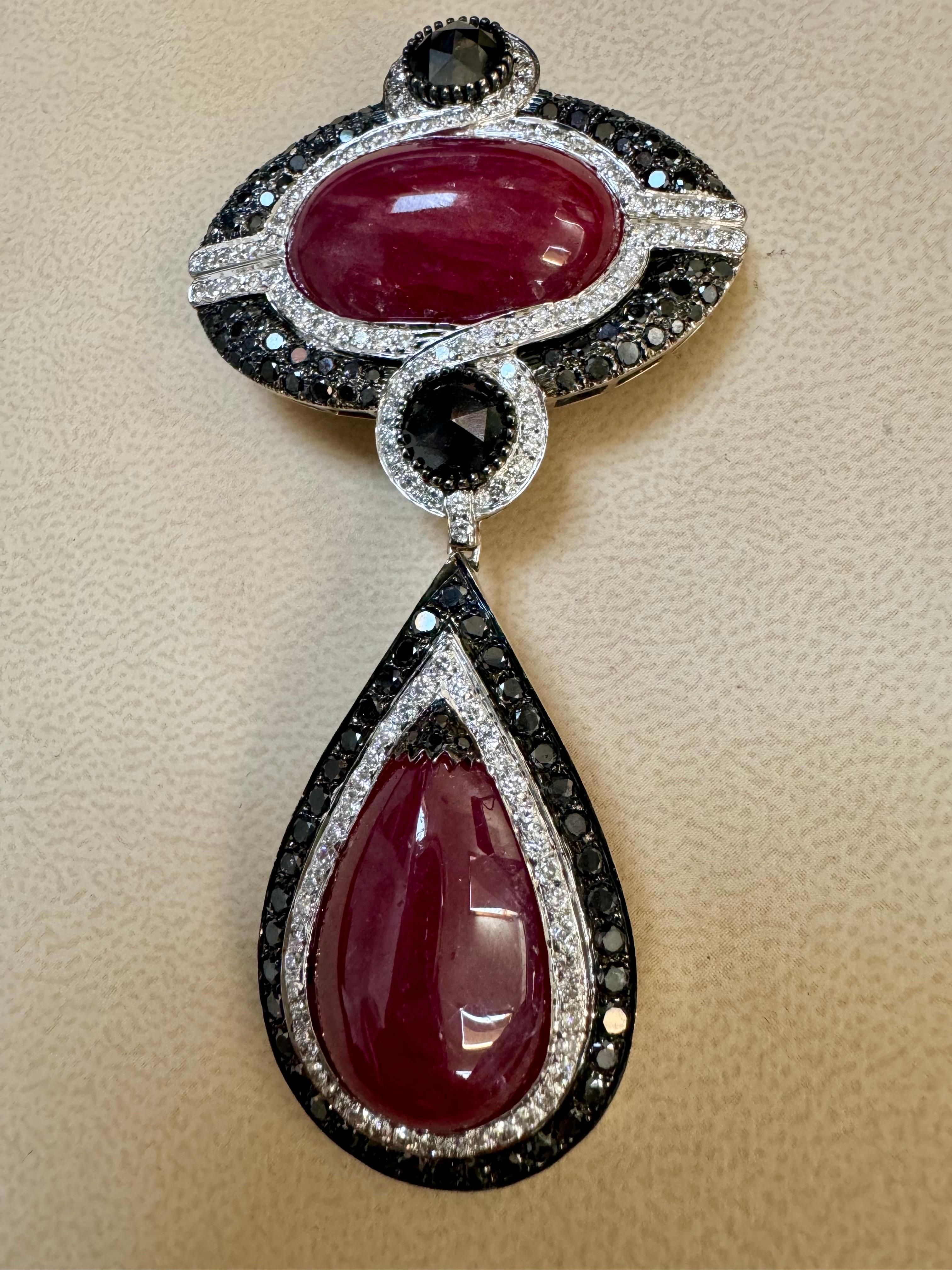 Vintage Large Pendant 40Ct Natural Ruby No Heat & Black & White Diamond 18KWG For Sale 11