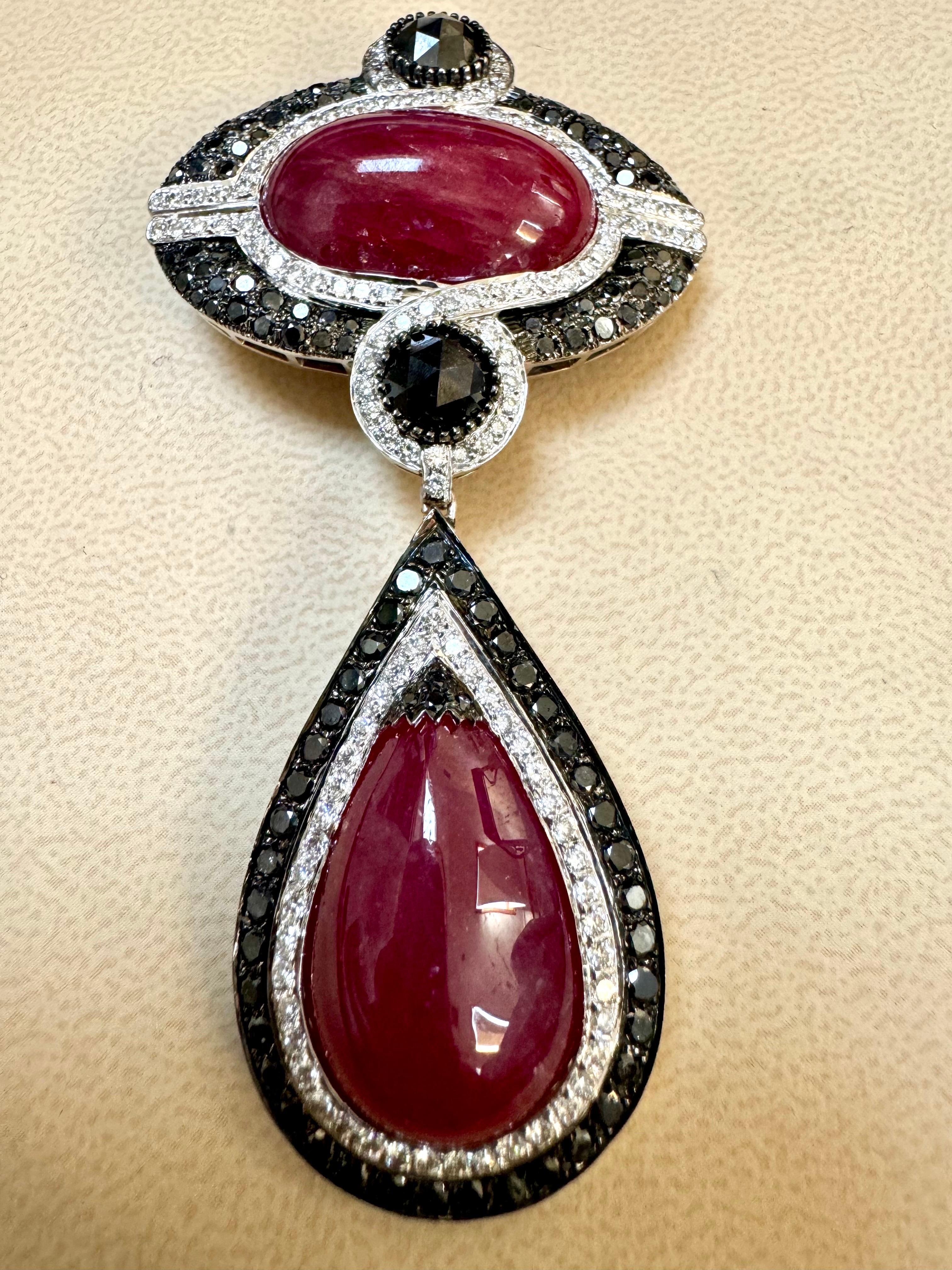 Grand pendentif vintage en rubis naturel 40 carats, non chauffé et diamants noirs et blancs 18 carats en vente 14