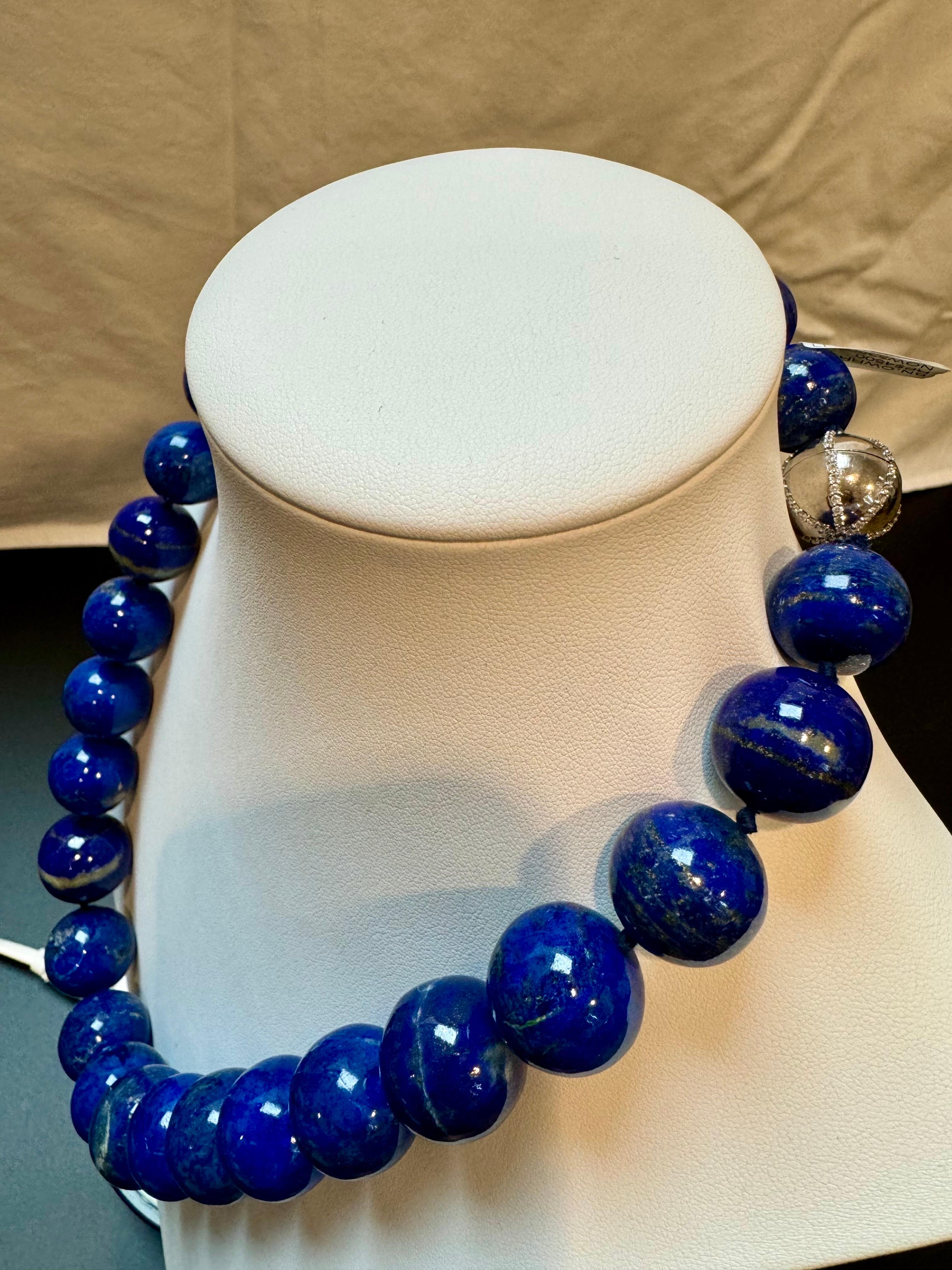 Certified Vintage Lapis Lazuli Single Strand  Diamond Necklace 14 Kt White Gold For Sale 13