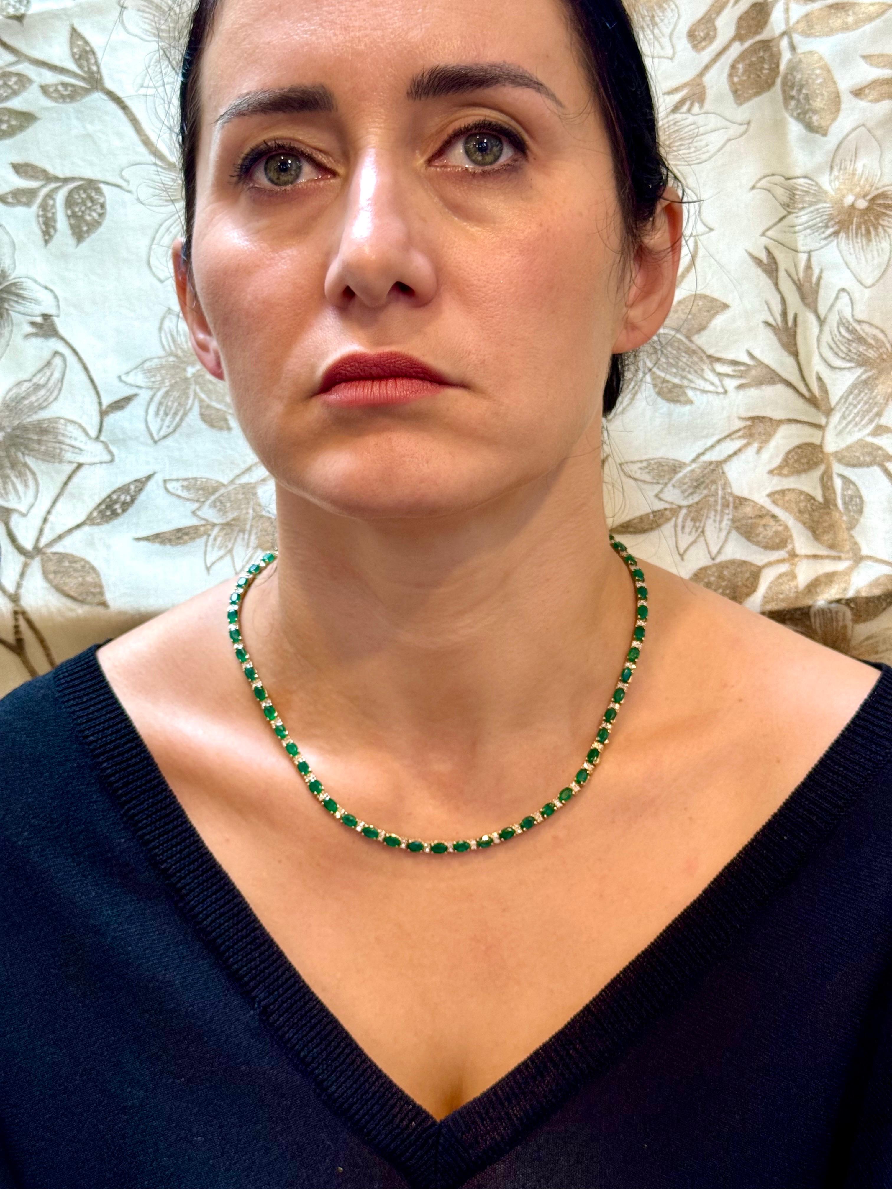 40 Carat Oval Brazilian Emerald & 3 Carat Diamond Tennis Necklace 14 Karat Gold For Sale 14