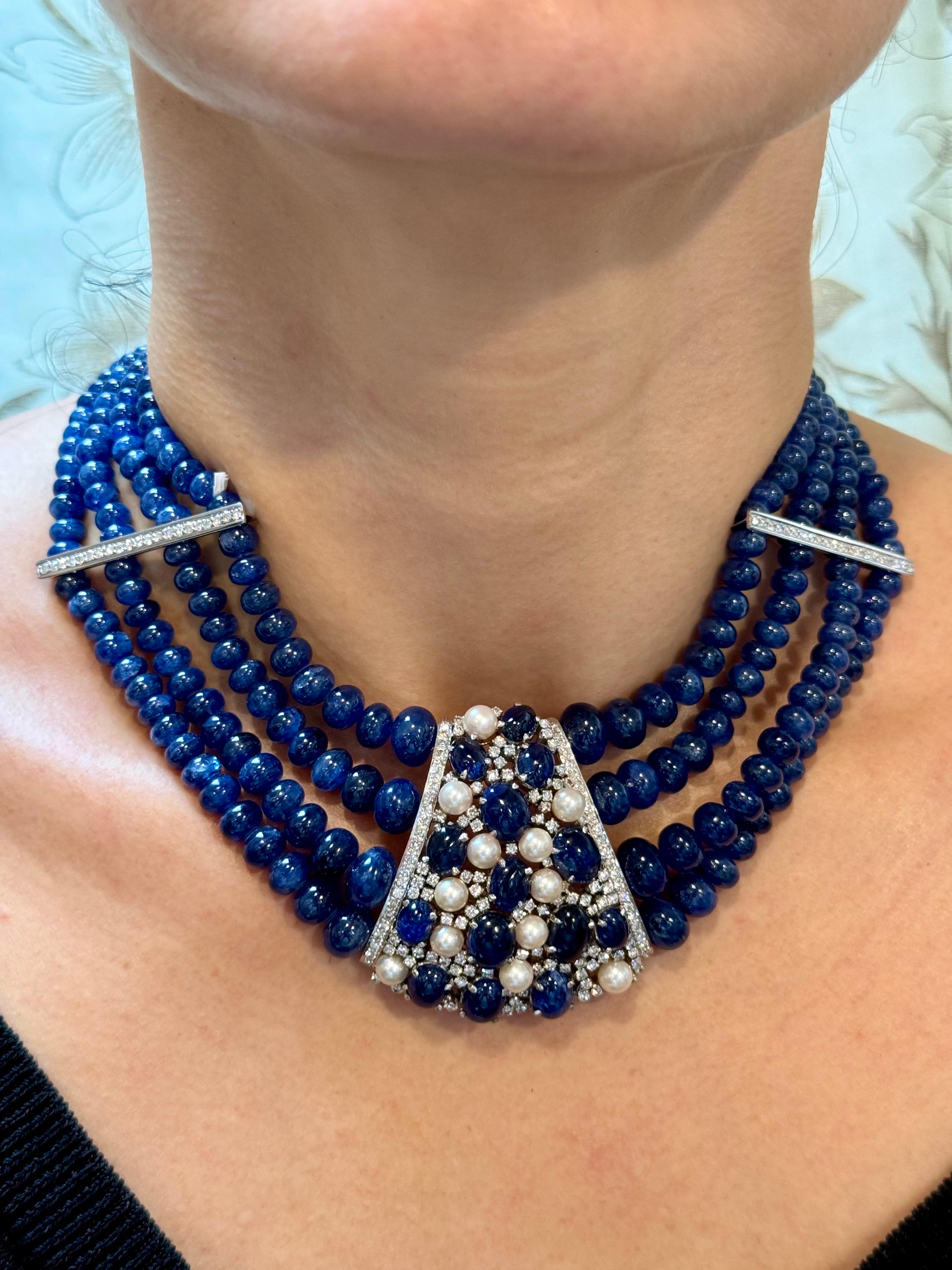 700Ct Sapphire Bead Necklace with cabochon & Diamond Center & Diamond Spacer 18K For Sale 10