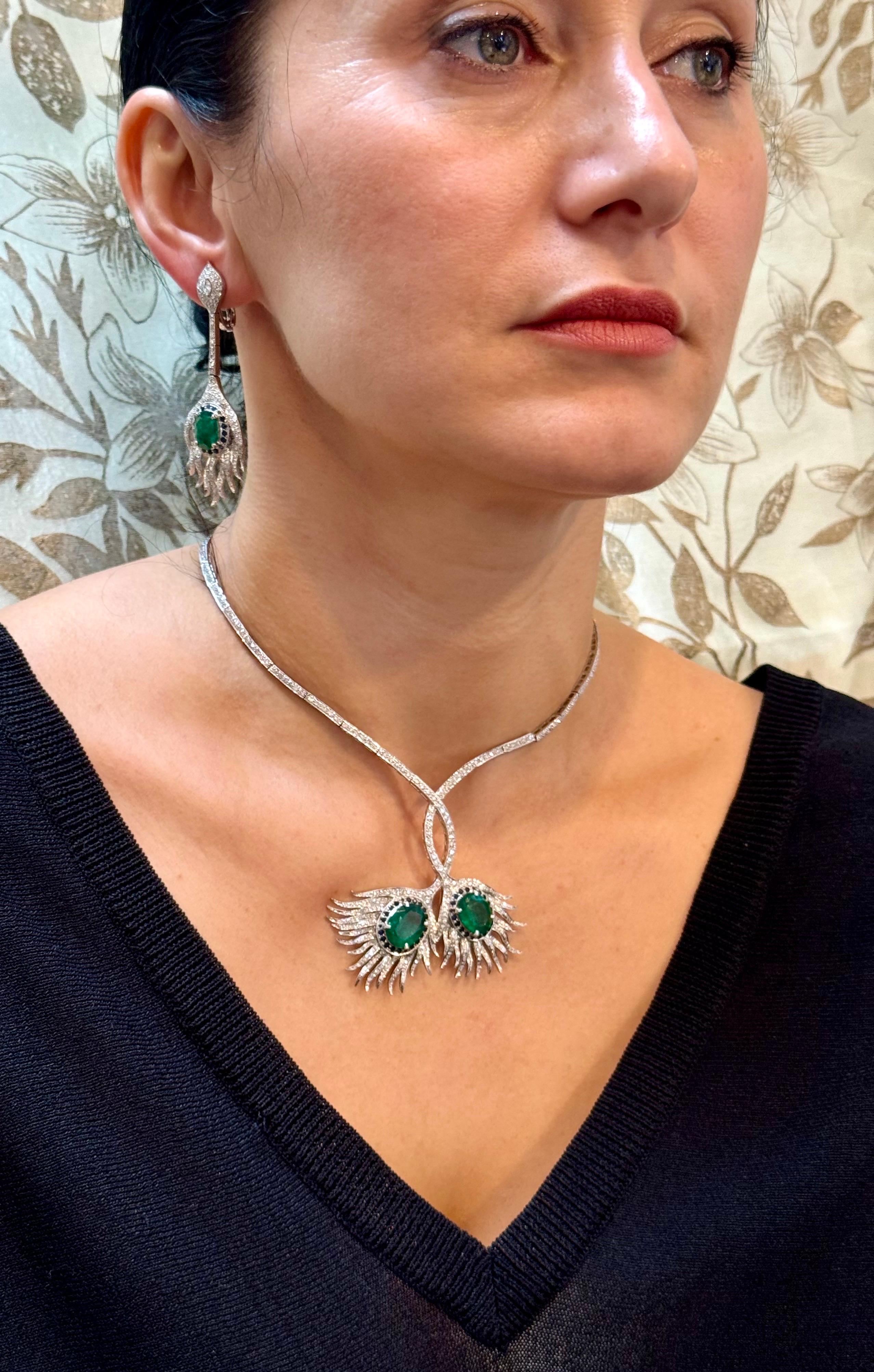 GIA-zertifizierter 20 Karat sambischer Smaragd & 15 Karat Diamant-Halskette-Ohrring Suite 18KWG im Angebot 9