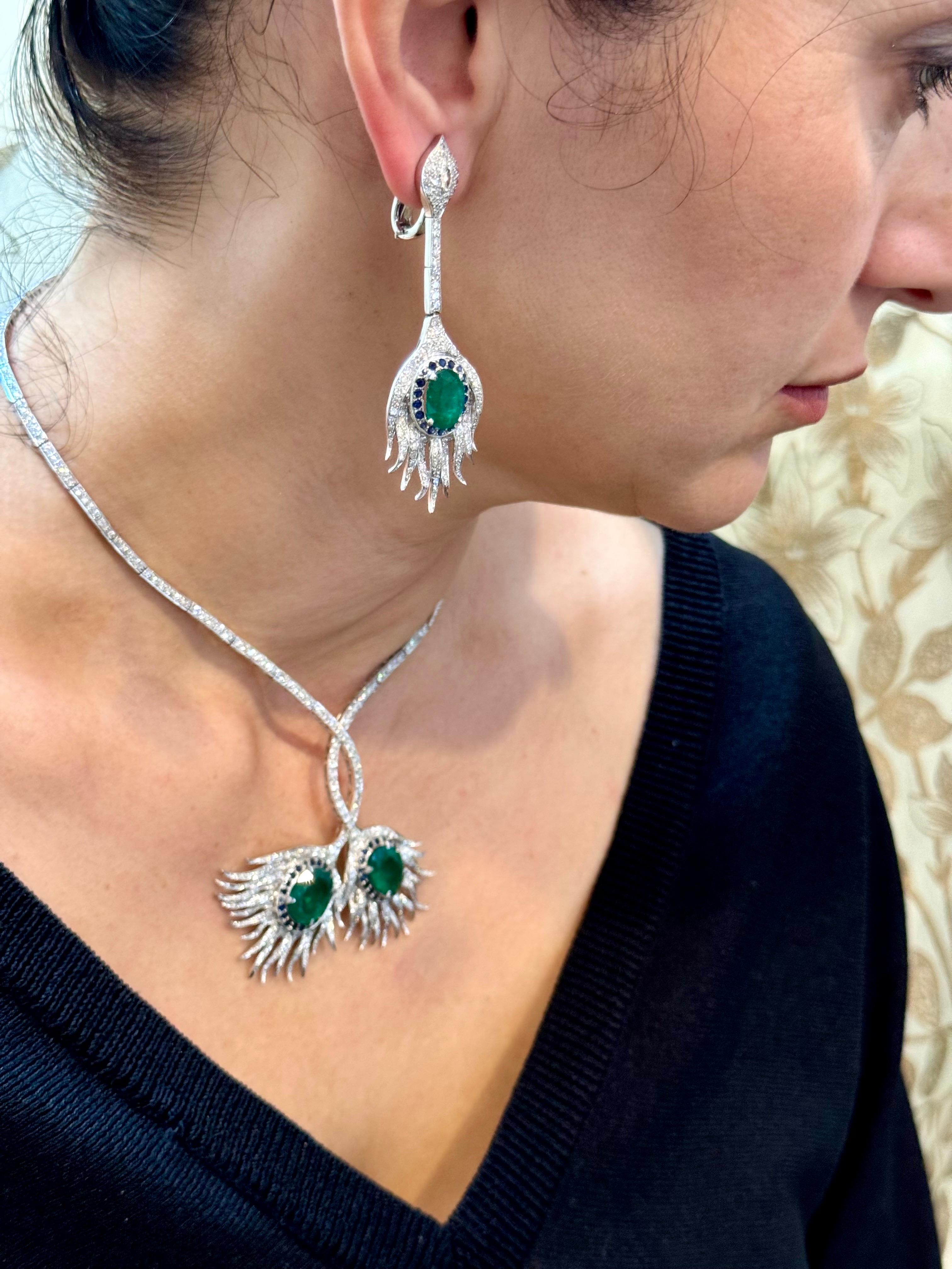 GIA-zertifizierter 20 Karat sambischer Smaragd & 15 Karat Diamant-Halskette-Ohrring Suite 18KWG im Angebot 11
