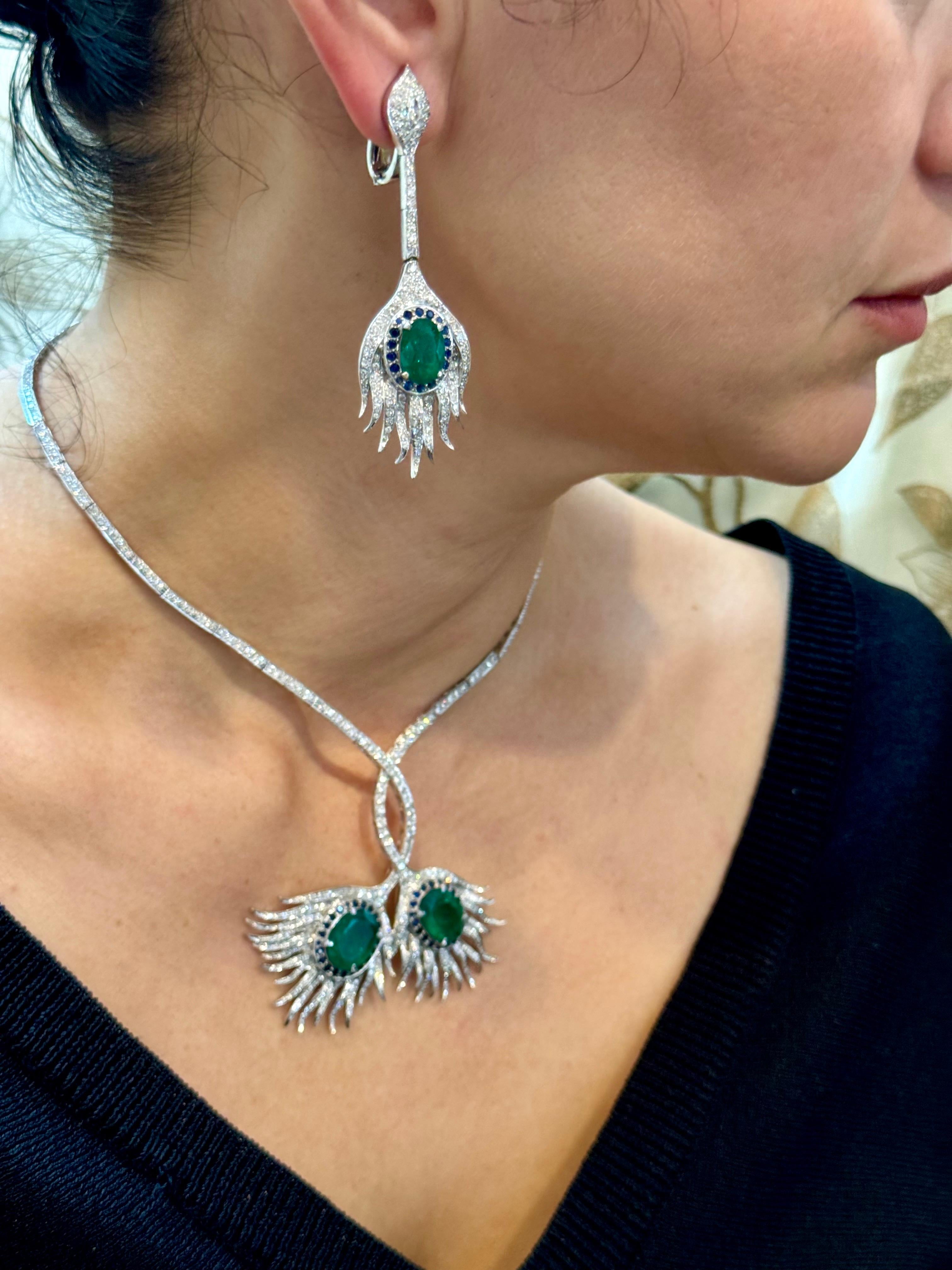 GIA-zertifizierter 20 Karat sambischer Smaragd & 15 Karat Diamant-Halskette-Ohrring Suite 18KWG im Angebot 12