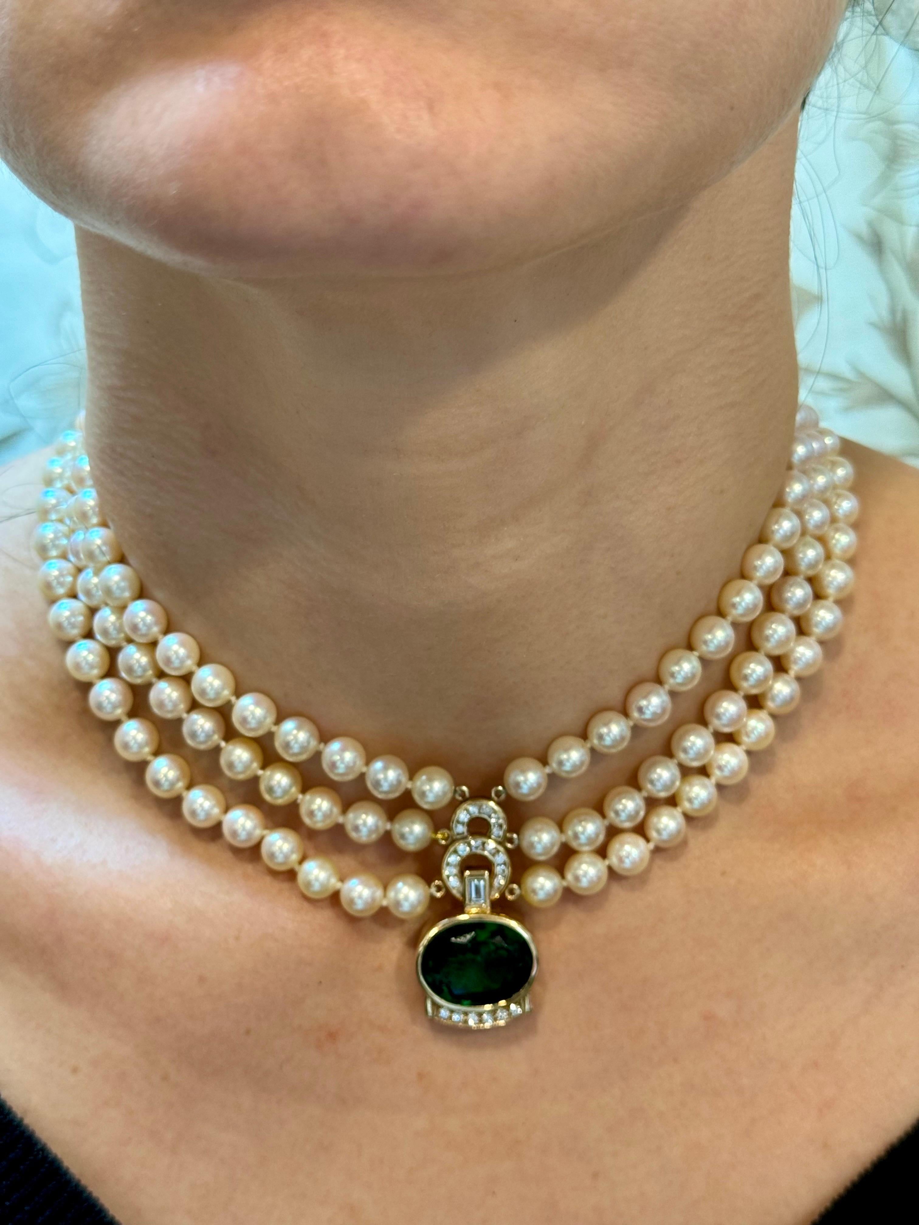 Collier en or 14 carats et triples perles, tourmaline verte 18 carats et diamants 2,5 carats en vente 14