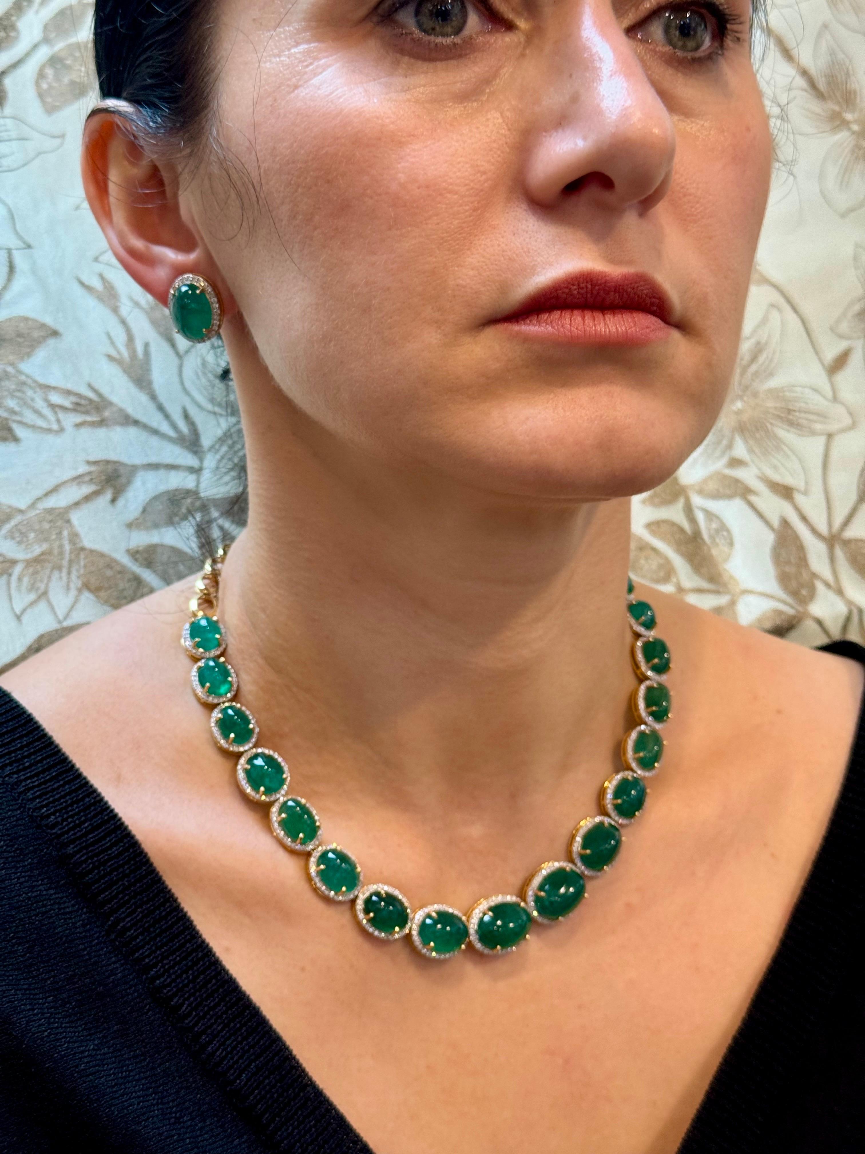 110 Ct Oval Natural Cabochon Emerald & Diamond Necklace, Earring Suite 14 K Gold For Sale 12
