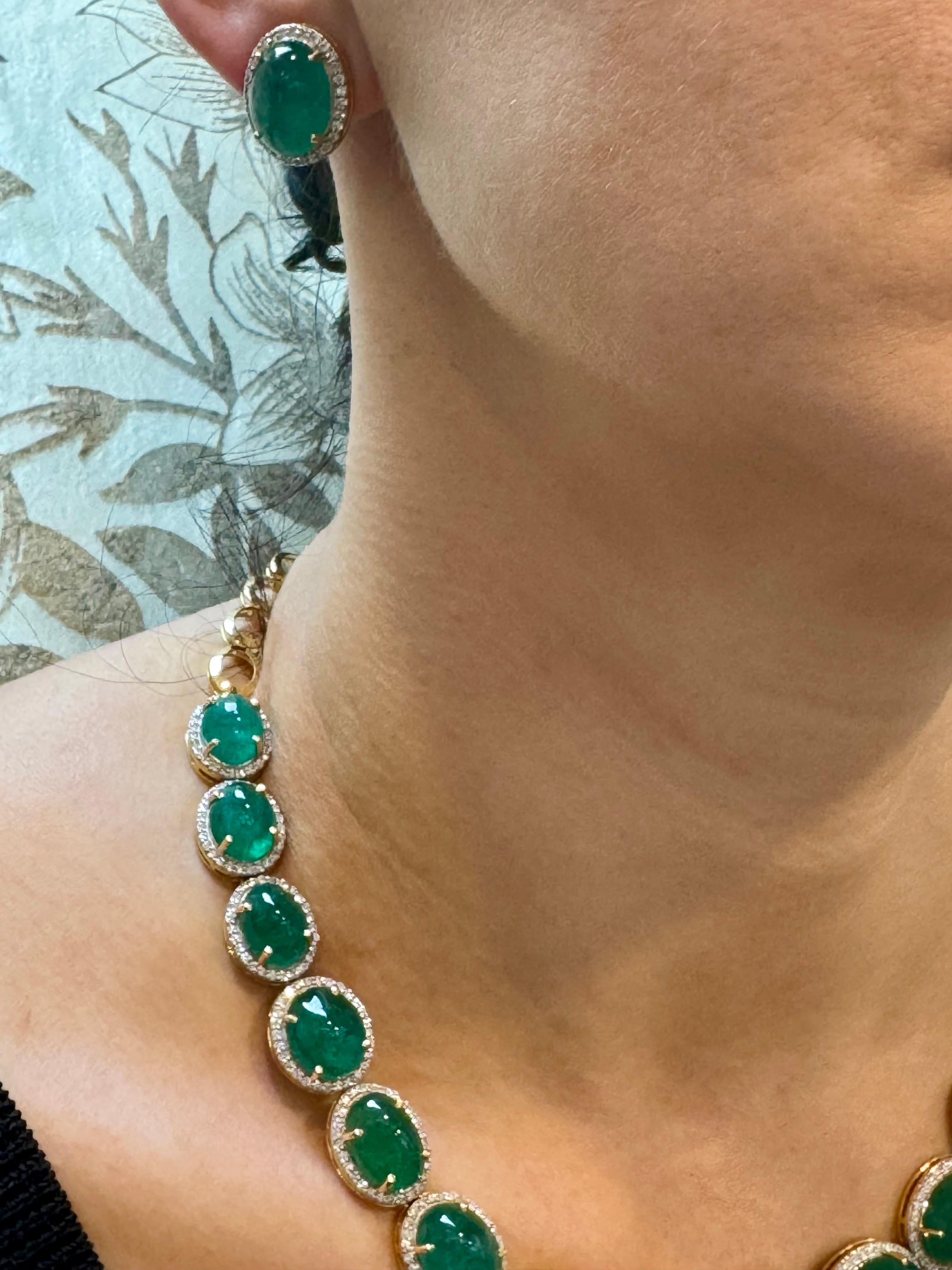 110 Ct Oval Natural Cabochon Emerald & Diamond Necklace, Earring Suite 14 K Gold For Sale 14