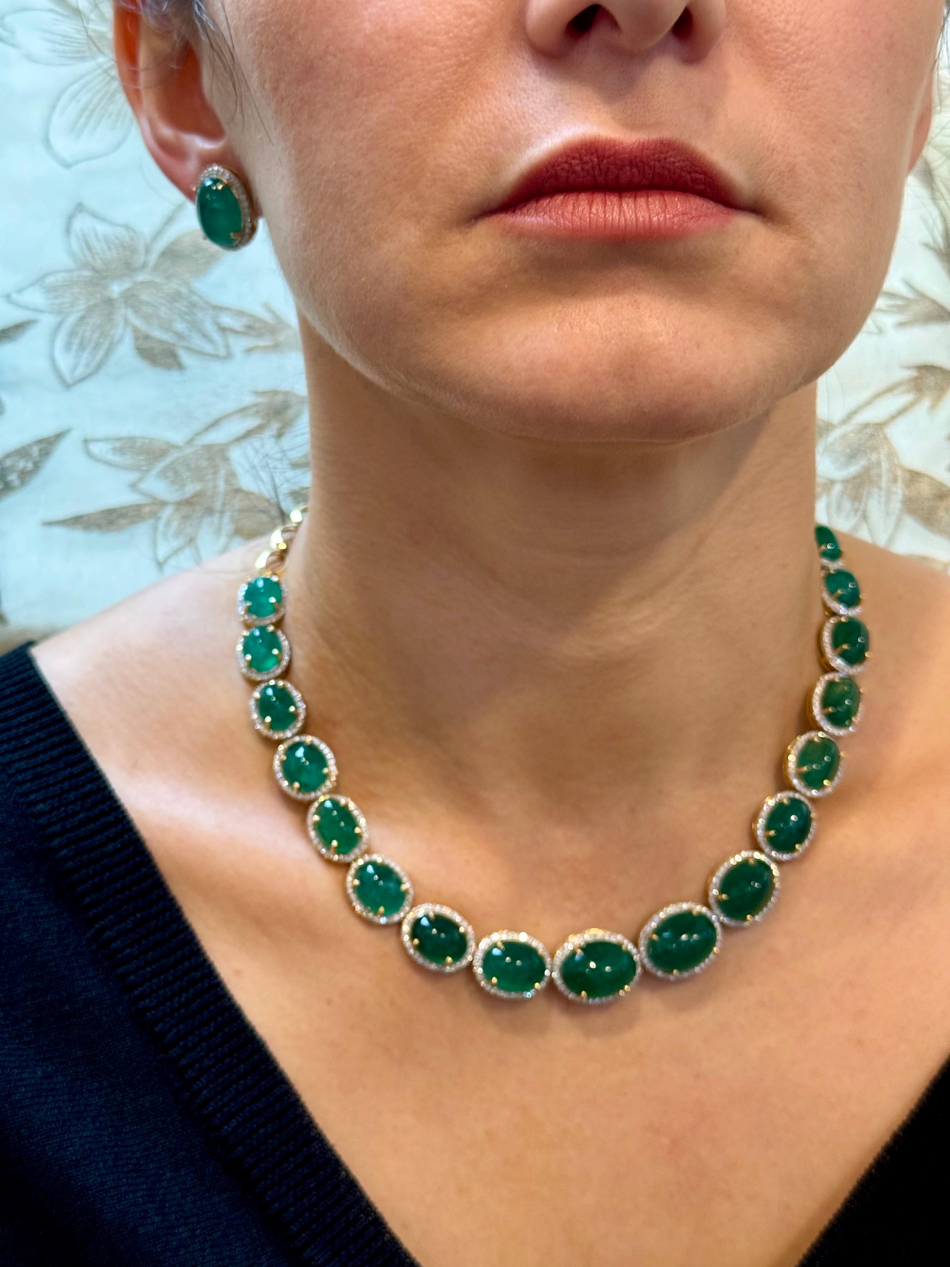 110 Ct Oval Natural Cabochon Emerald & Diamond Necklace, Earring Suite 14 K Gold For Sale 13