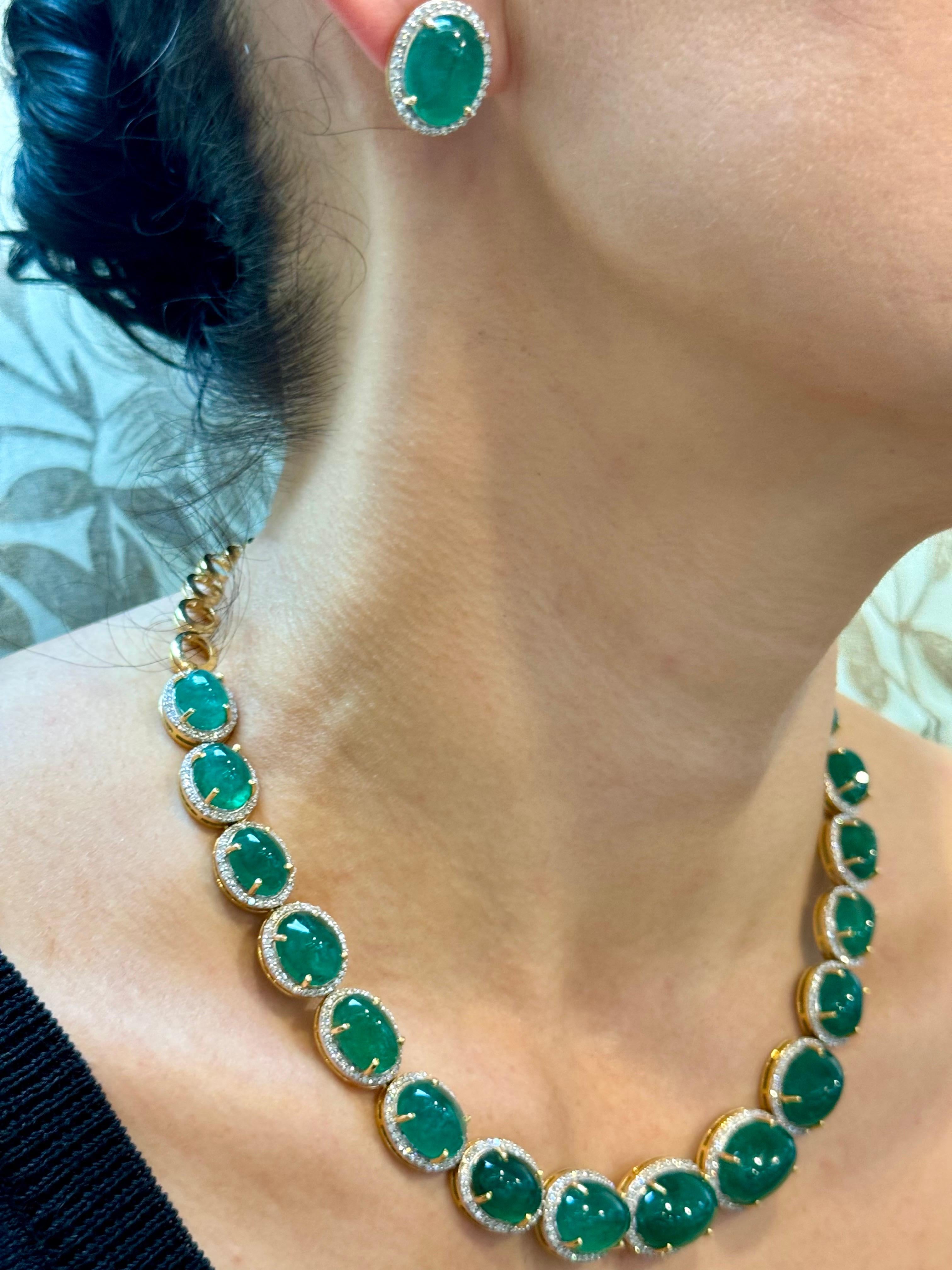 110 Ct Oval Natural Cabochon Emerald & Diamond Necklace, Earring Suite 14 K Gold For Sale 15
