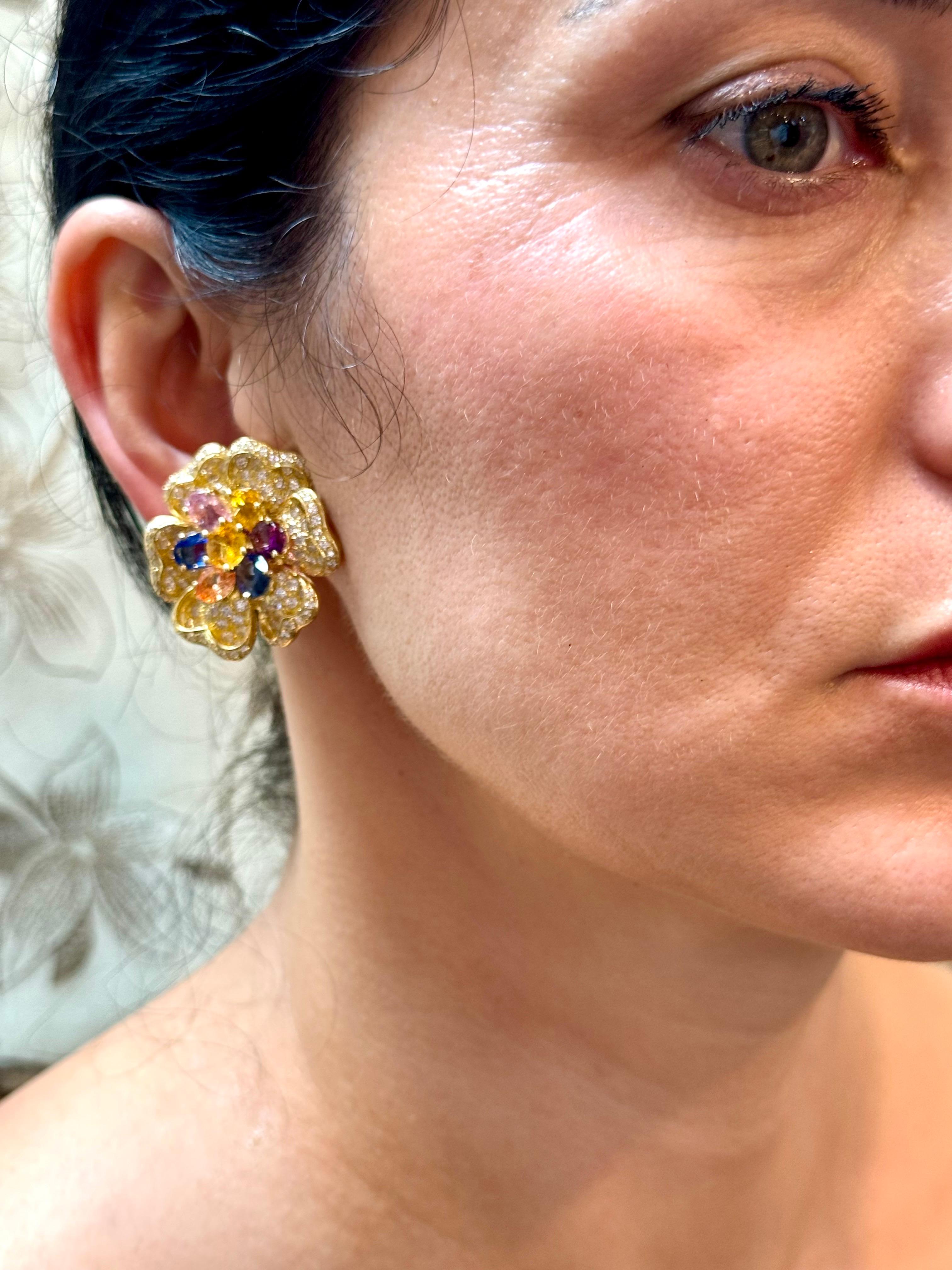 18K Yellow Gold Diamond & Multicolor Sapphire Flower Earrings by Designer Adler For Sale 9