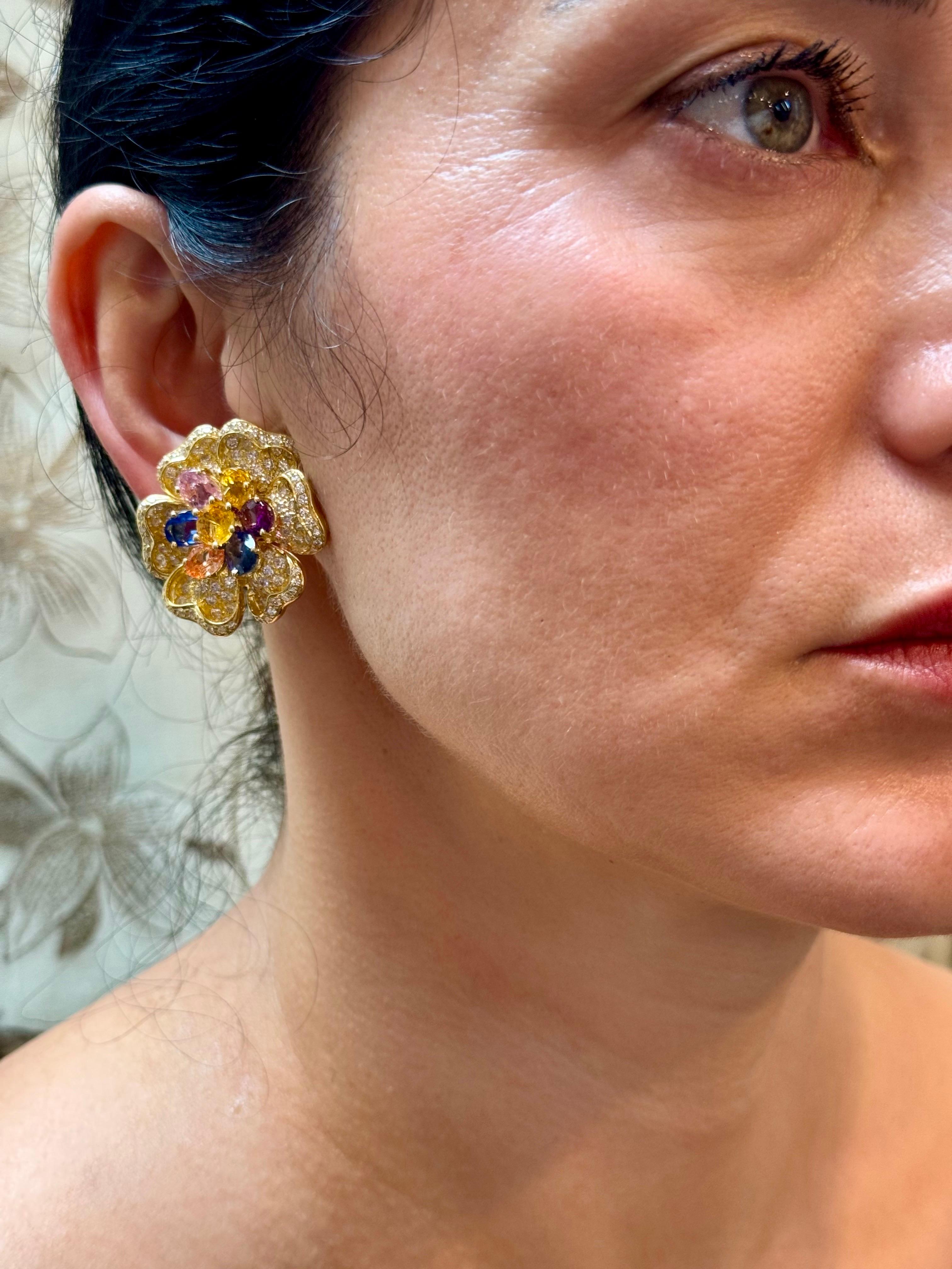 18K Yellow Gold Diamond & Multicolor Sapphire Flower Earrings by Designer Adler For Sale 8