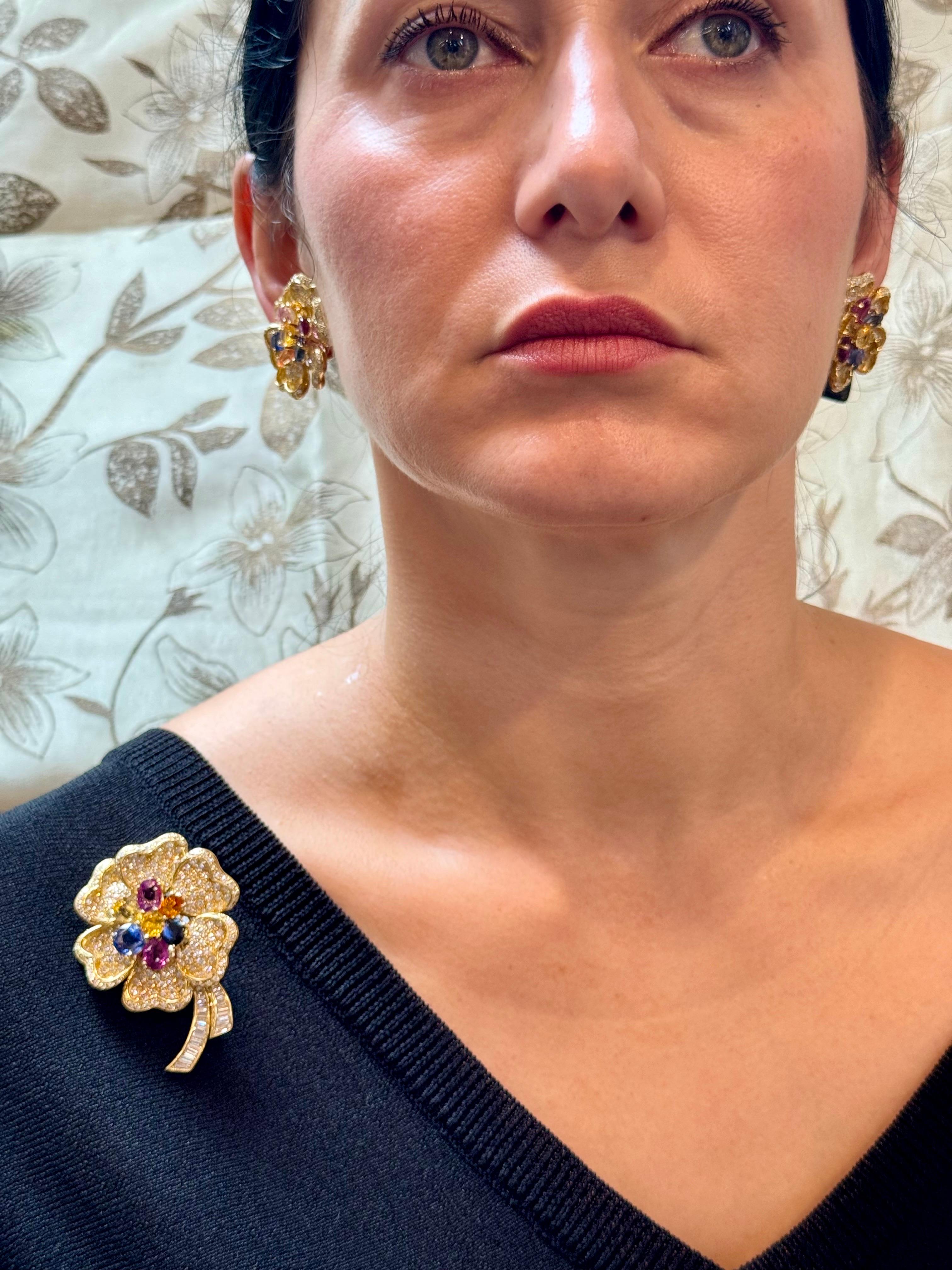 18K Yellow Gold Diamond & Multicolor Sapphire Flower Earrings by Designer Adler For Sale 10