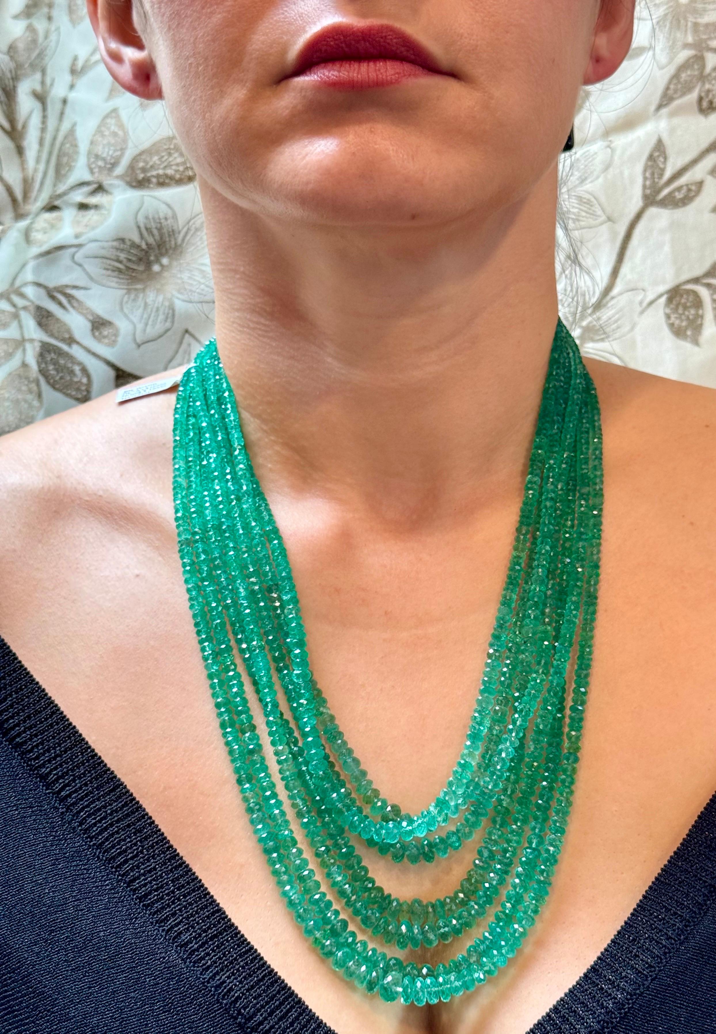 750 Ct COLOMBIAN Emerald Beads 7 Line Necklace with Clasp 18 Karat Yellow Gold 13
