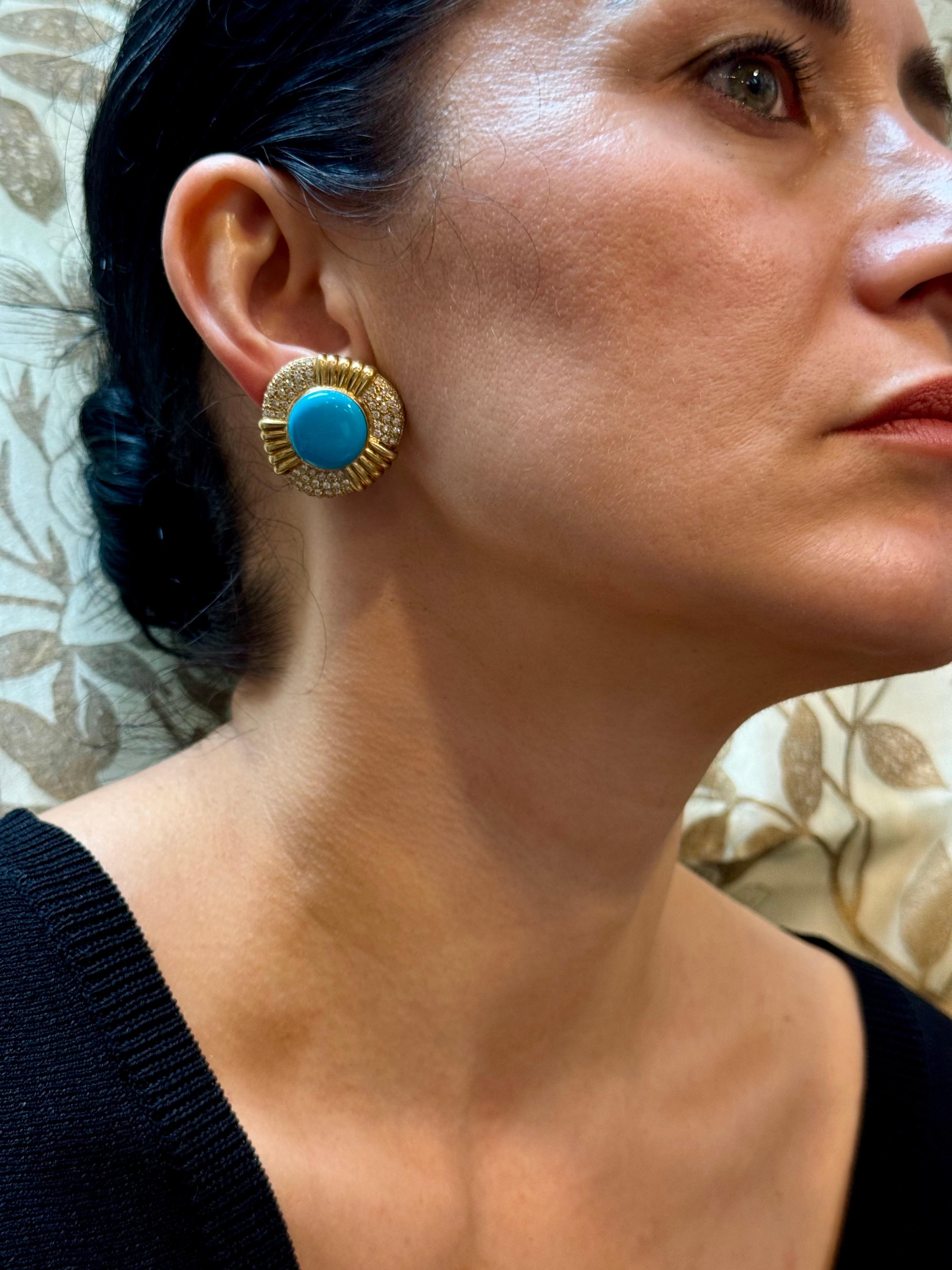 16 Ct Oval Sleeping Beauty Turquoise 3 ct Diamond Stud Earrings 14 K Yellow Gold For Sale 6