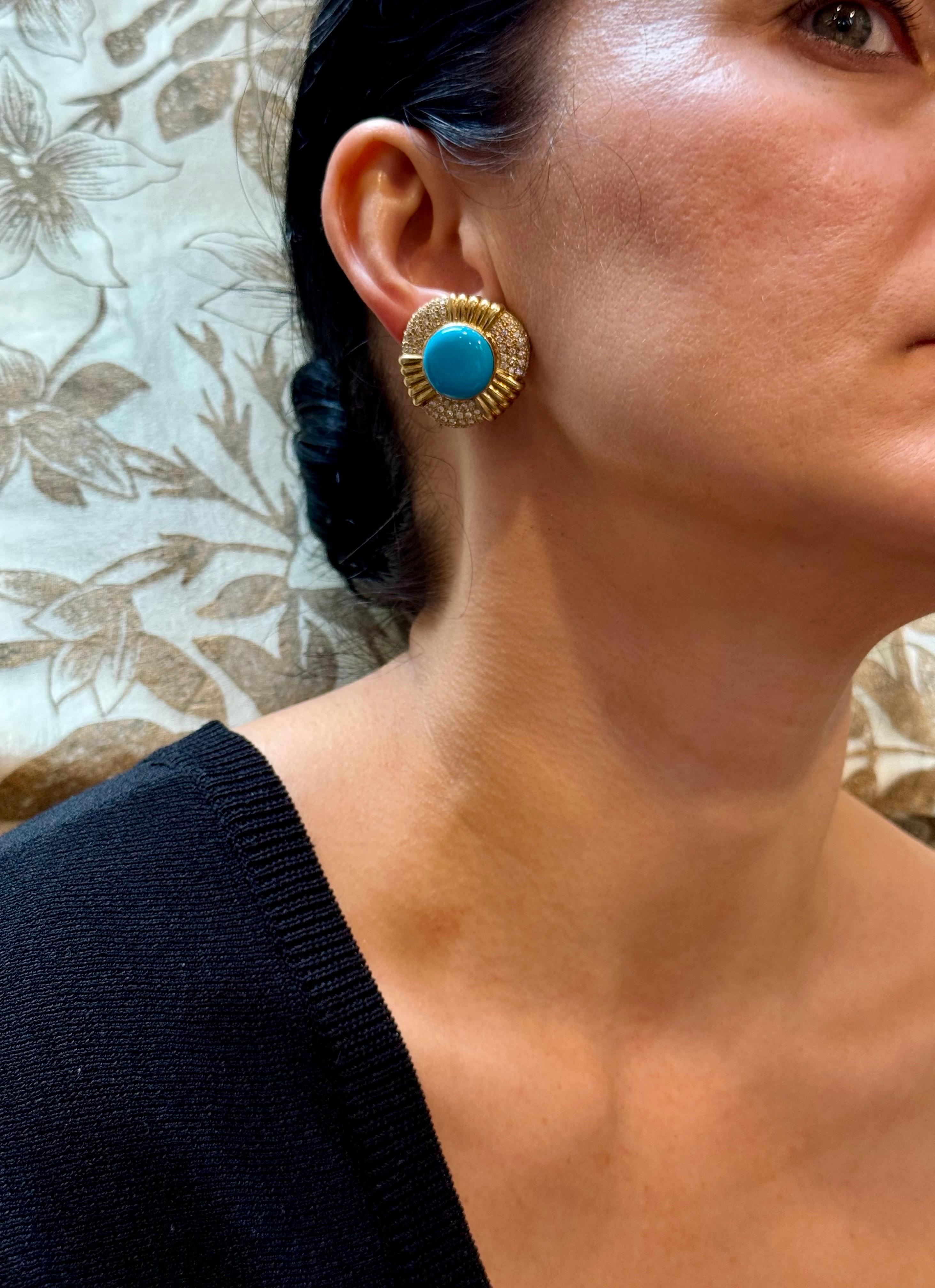 16 Ct Oval Sleeping Beauty Turquoise 3 ct Diamond Stud Earrings 14 K Yellow Gold For Sale 7