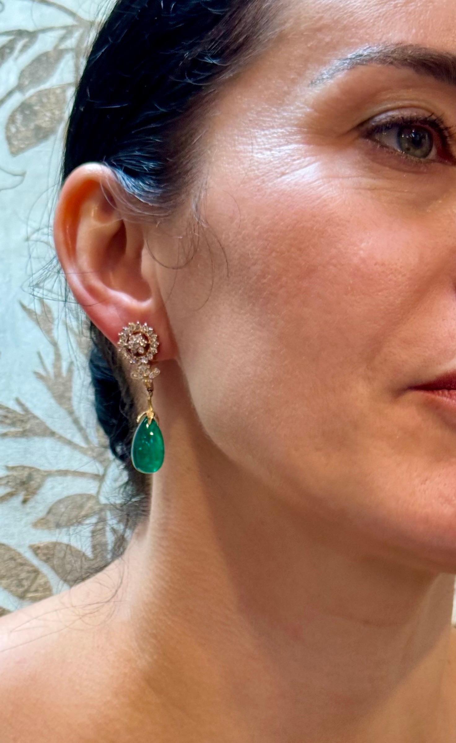 GIA Certified 28 Ct Emerald  Cabochon & Diamond Drops Hanging Earrings 14 KYG For Sale 10