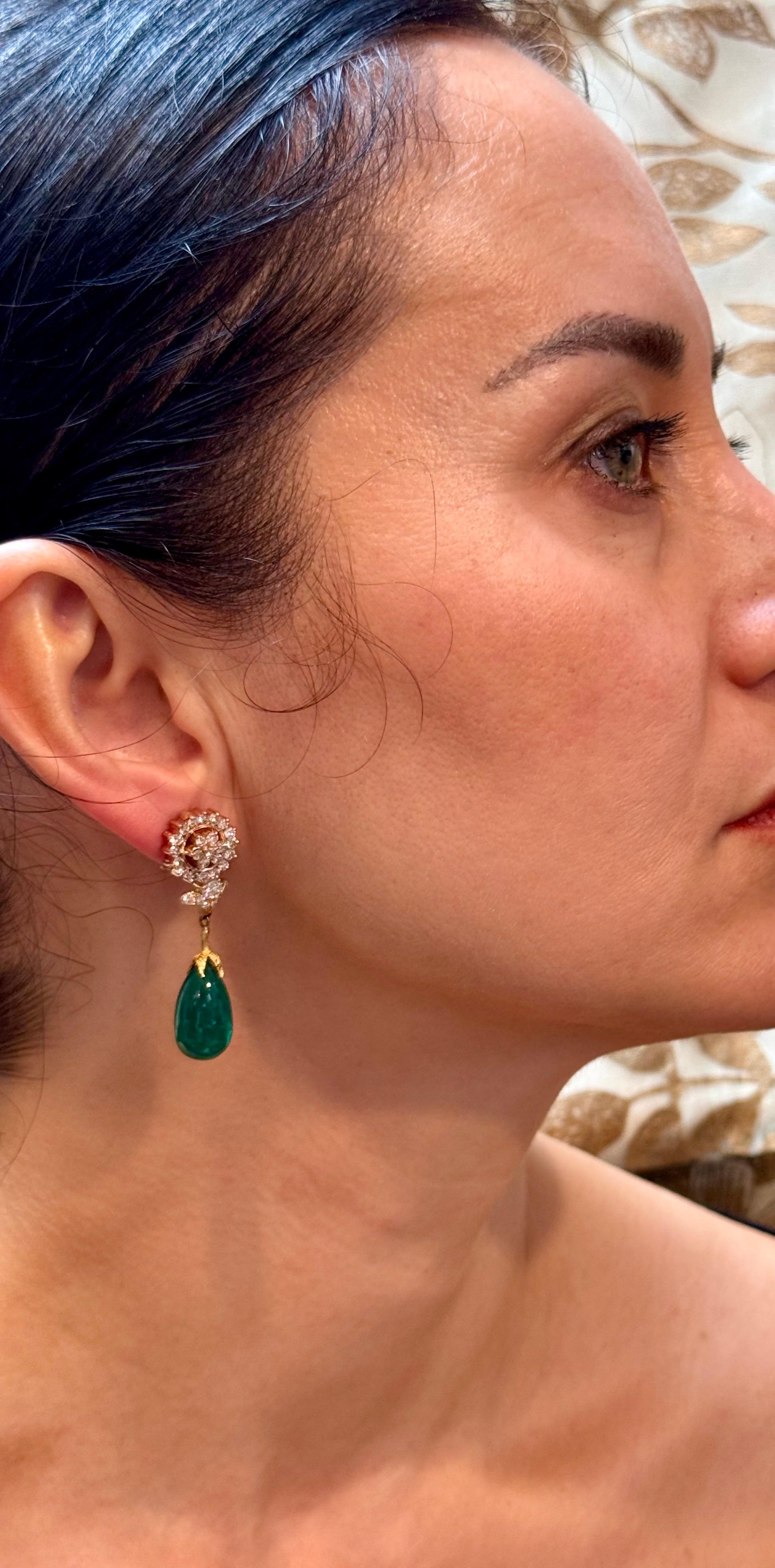 GIA Certified 28 Ct Emerald  Cabochon & Diamond Drops Hanging Earrings 14 KYG For Sale 9
