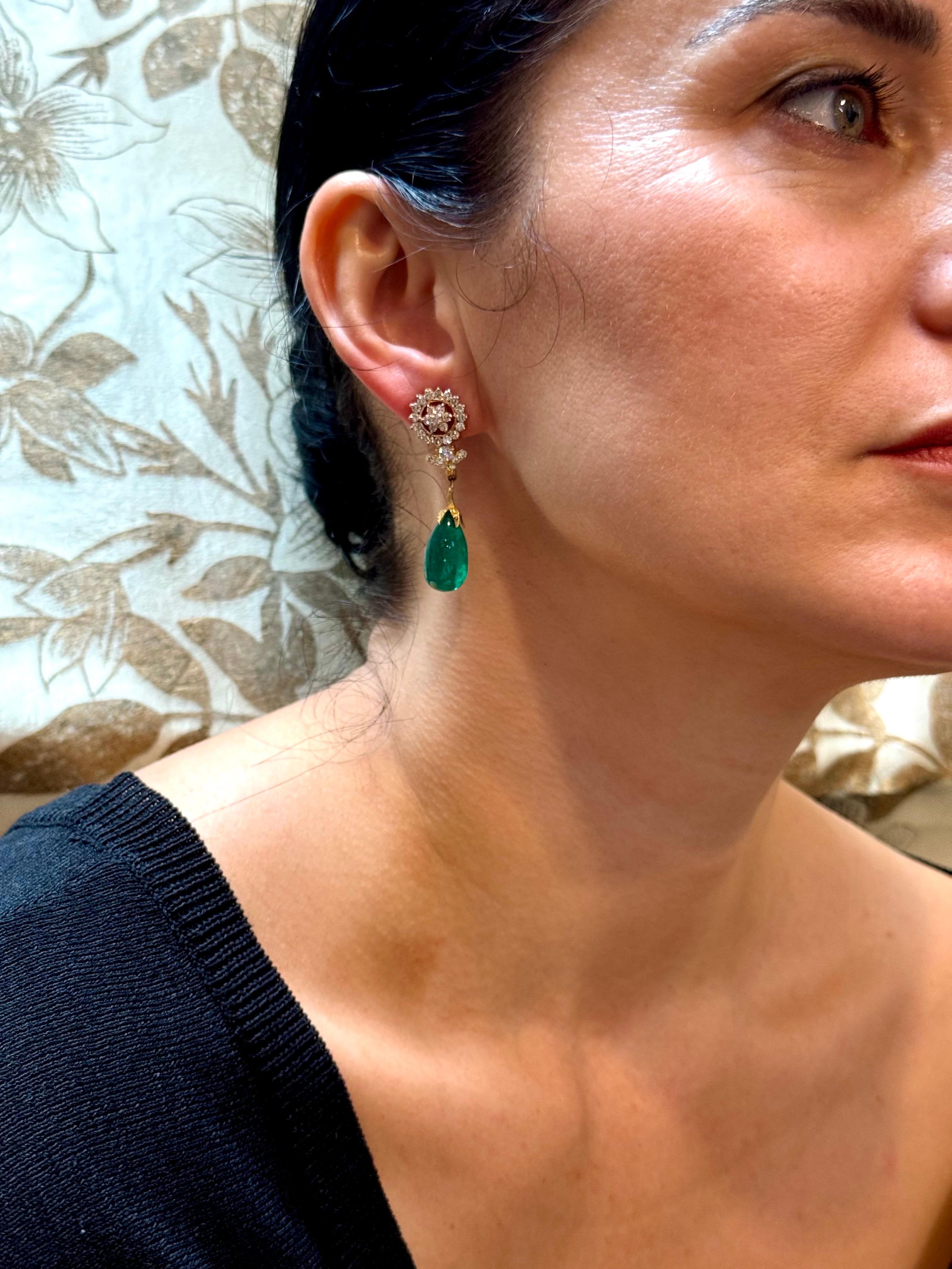 GIA Certified 28 Ct Emerald  Cabochon & Diamond Drops Hanging Earrings 14 KYG For Sale 11