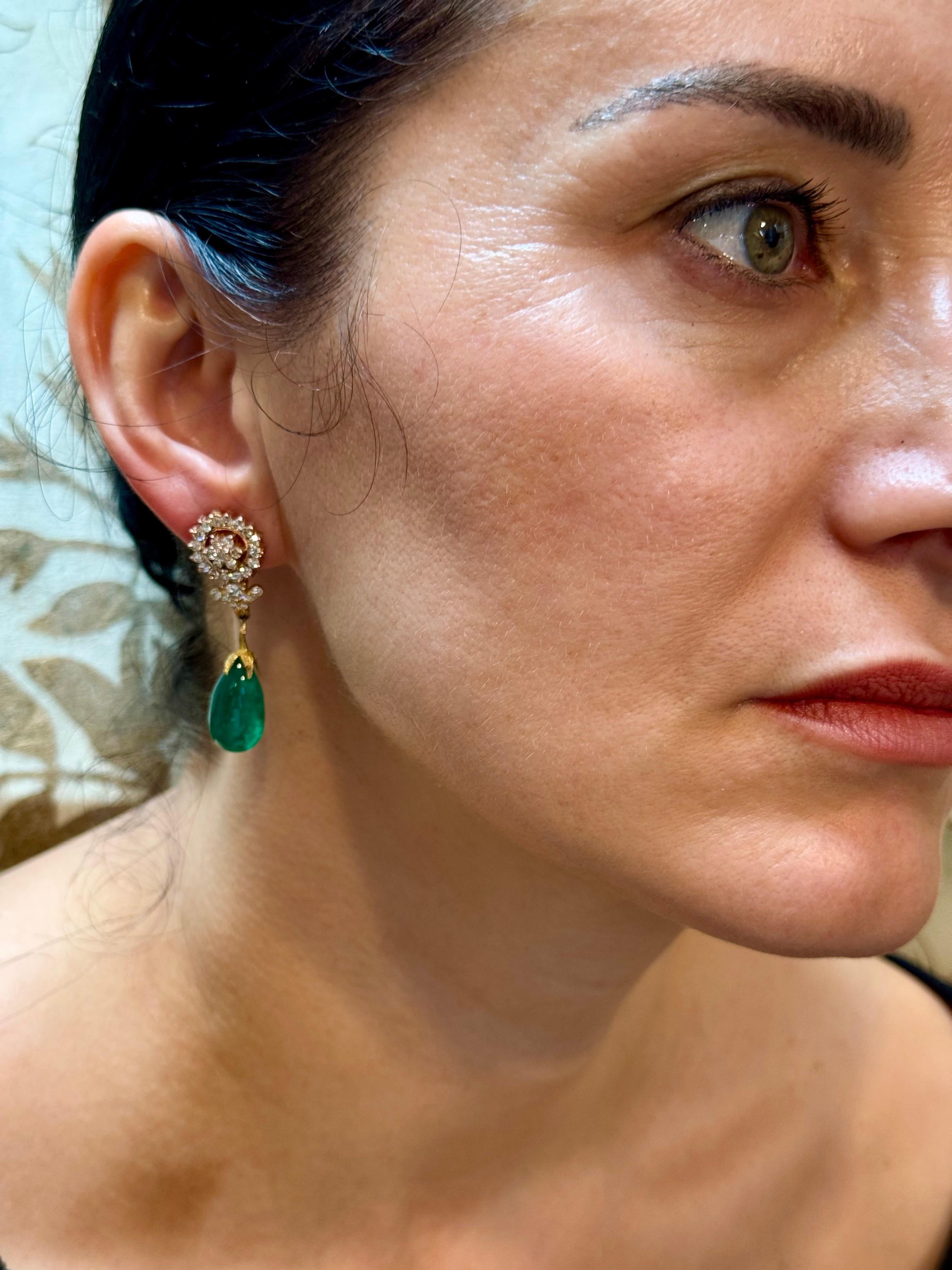 GIA Certified 28 Ct Emerald  Cabochon & Diamond Drops Hanging Earrings 14 KYG For Sale 12