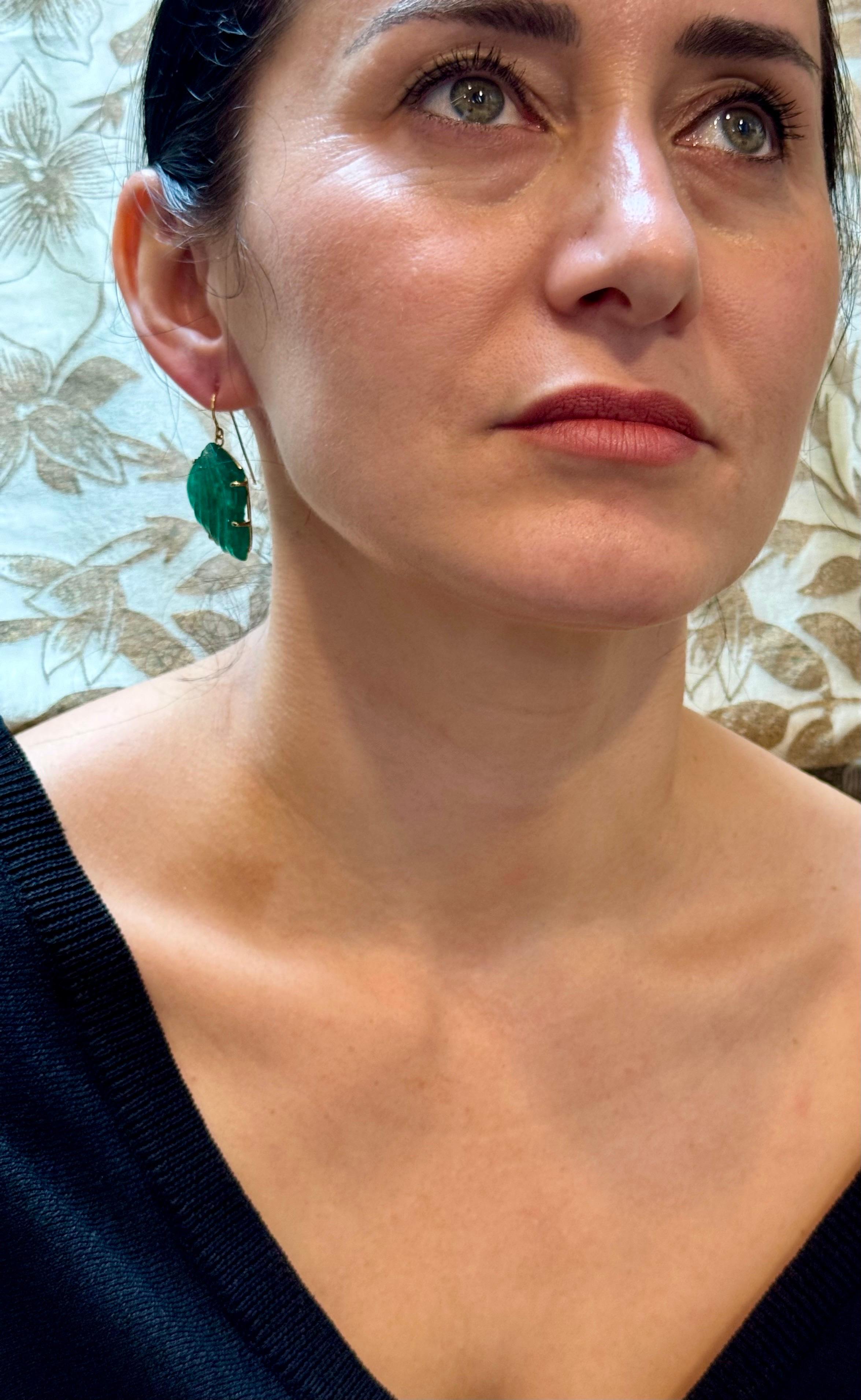 55 Ct Carved Emerald Leaf Shape Earrings 14 Kt Yellow Gold French Wire Earring For Sale 8