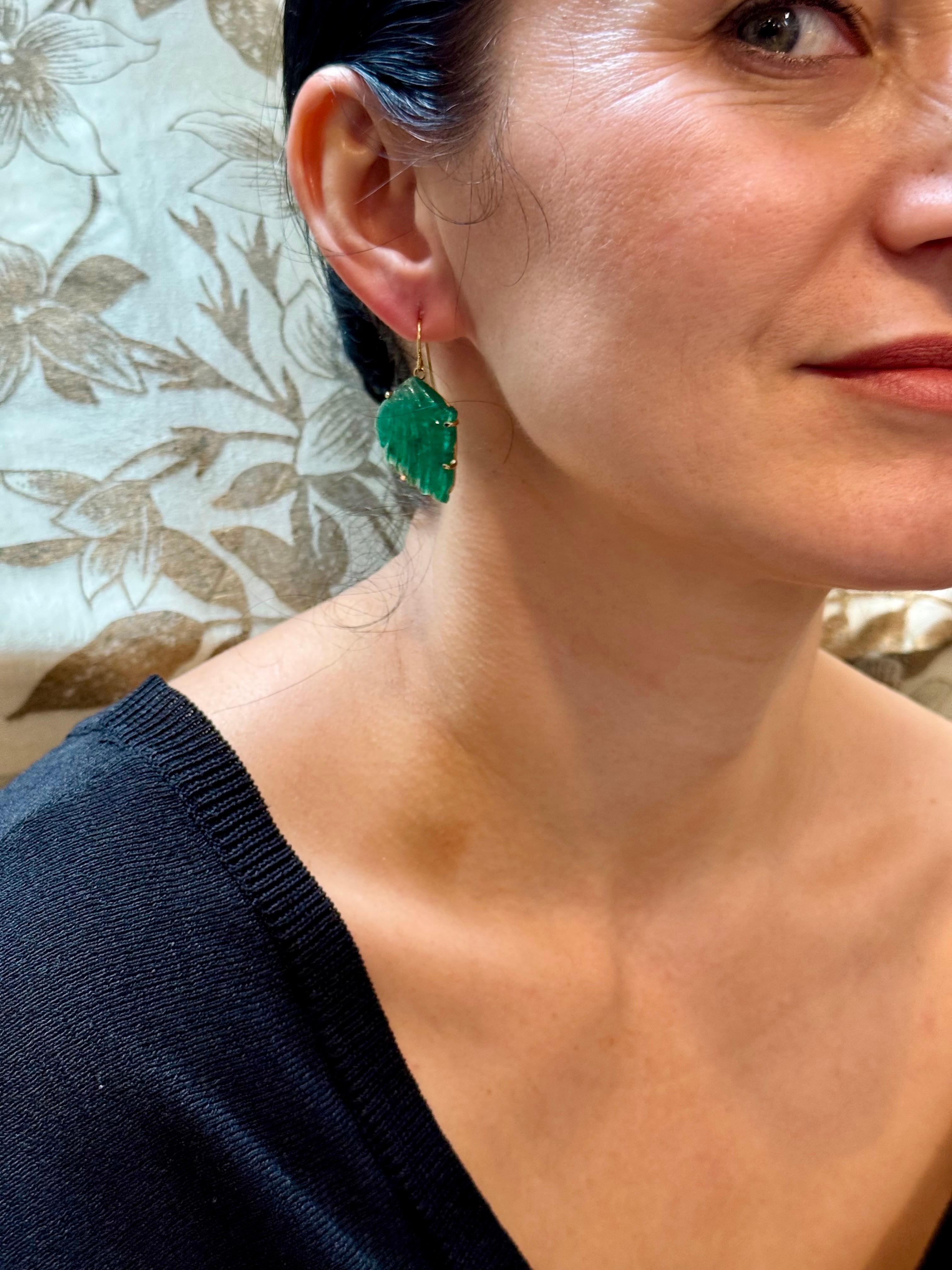 55 Ct Carved Emerald Leaf Shape Earrings 14 Kt Yellow Gold French Wire Earring For Sale 11