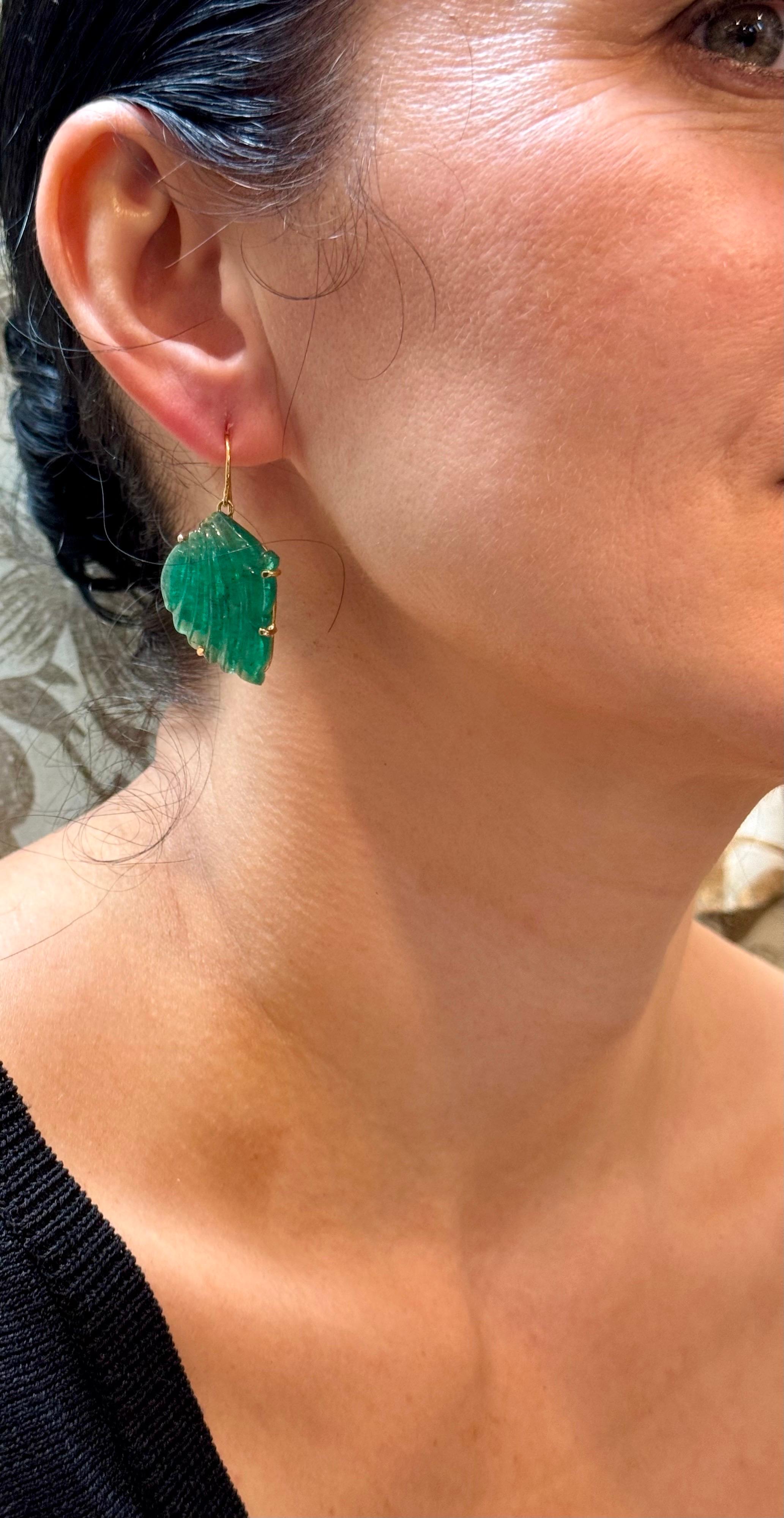 55 Ct Carved Emerald Leaf Shape Earrings 14 Kt Yellow Gold French Wire Earring For Sale 10