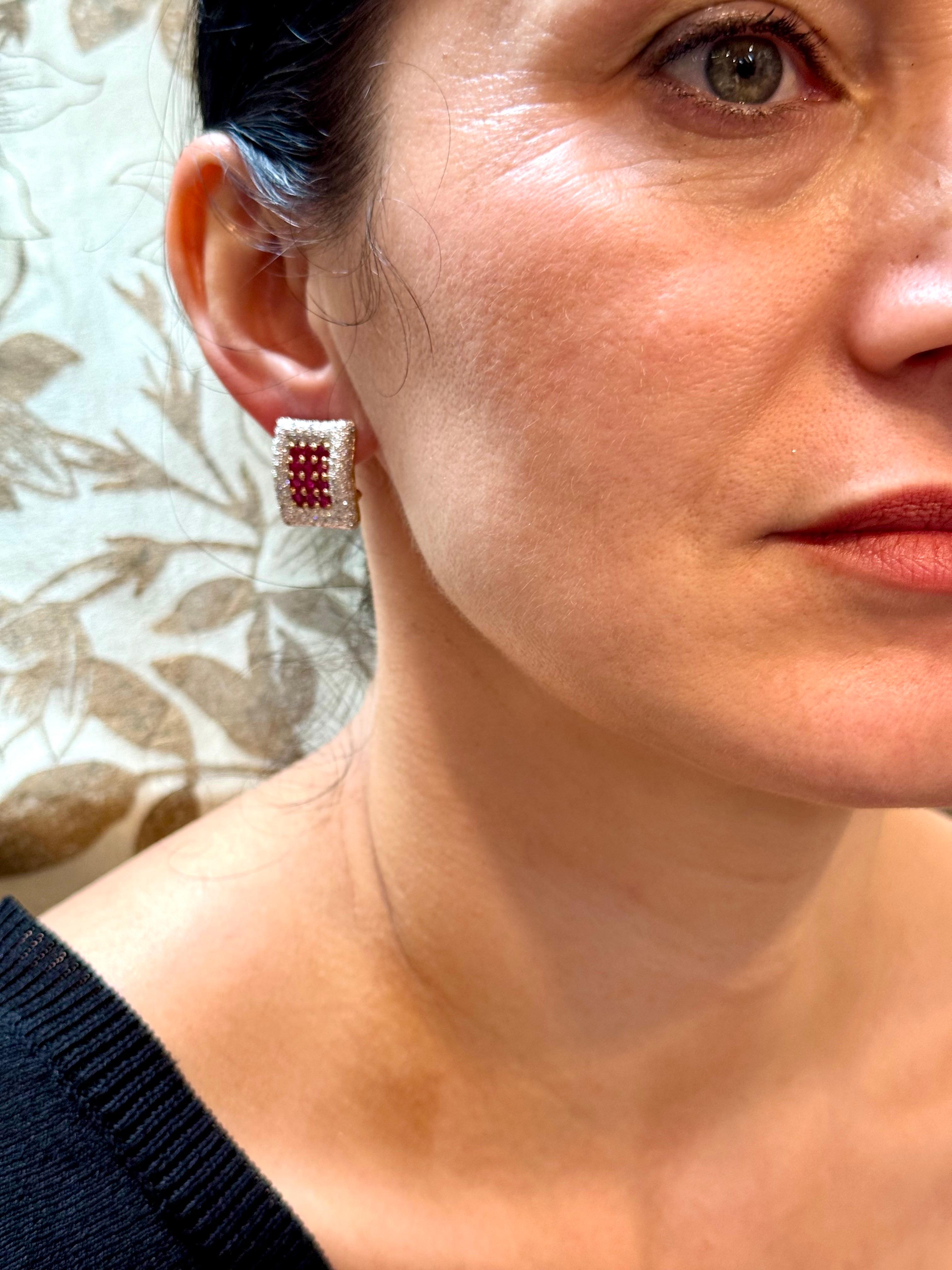 Estate 3 Ct Ruby & 3 Ct Diamonds Square Post Earrings 18 Karat Yellow Gold 13.5G For Sale 11