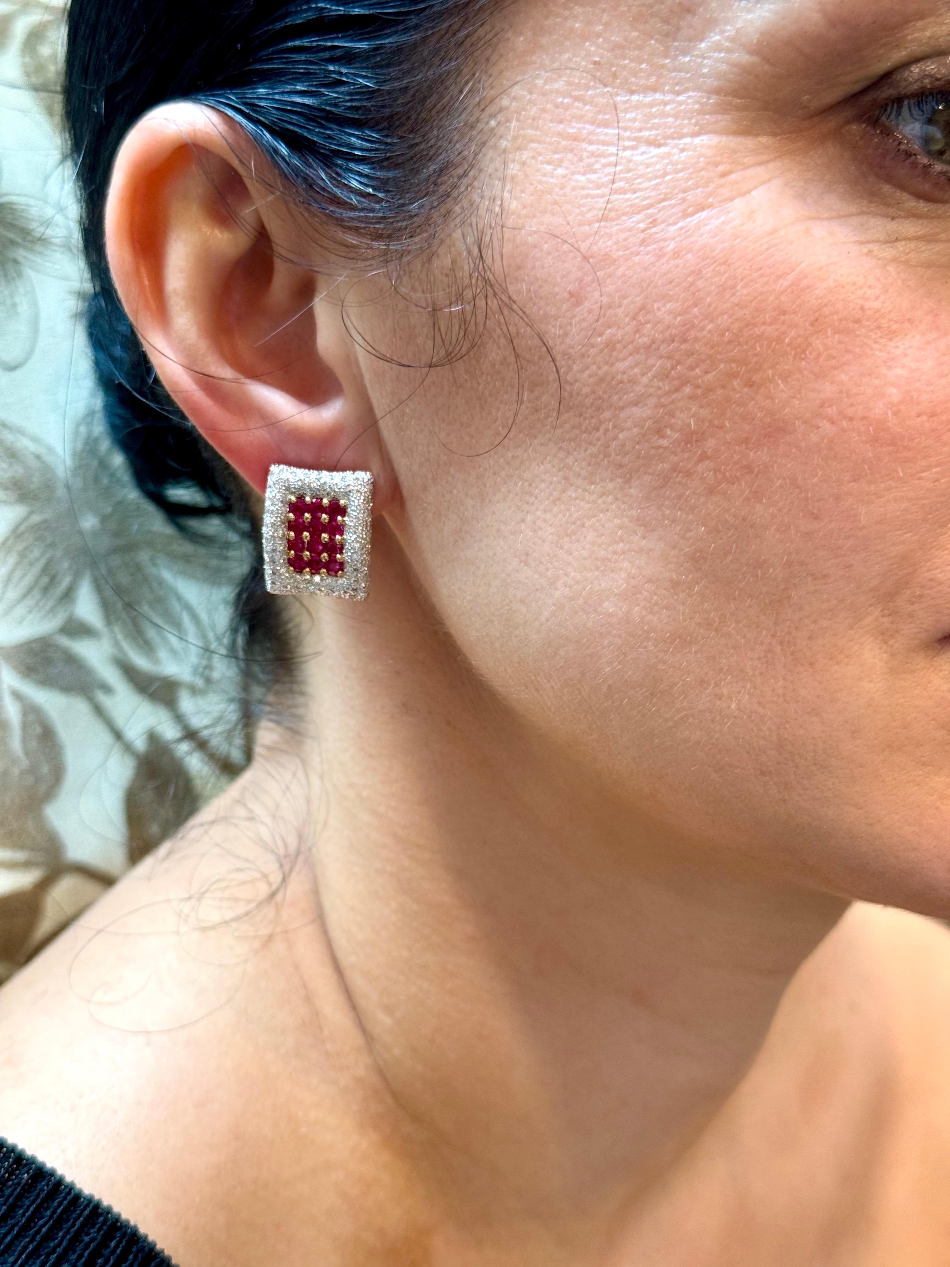Estate 3 Ct Ruby & 3 Ct Diamonds Square Post Earrings 18 Karat Yellow Gold 13.5G For Sale 10