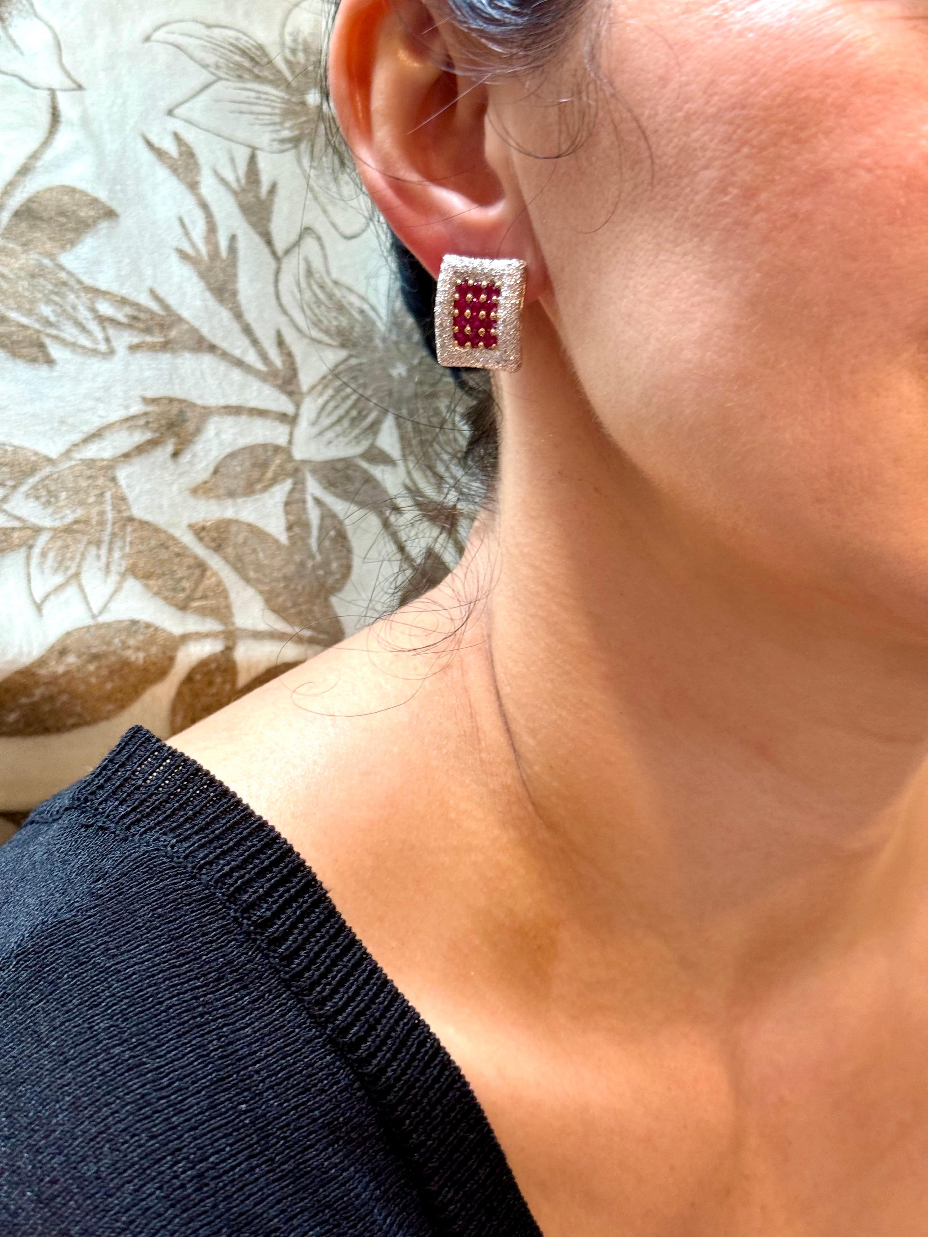 Estate 3 Ct Ruby & 3 Ct Diamonds Square Post Earrings 18 Karat Yellow Gold 13.5G For Sale 12