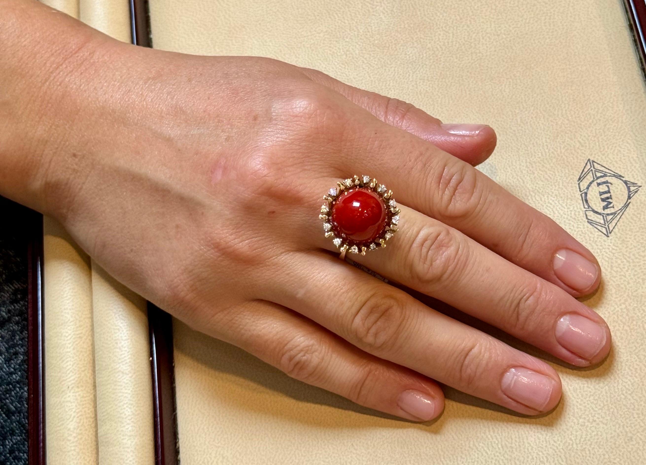Estate Natural Sugar Loaf Coral & Diamond  Earring & Ring in 18 Kt Yellow Gold For Sale 11
