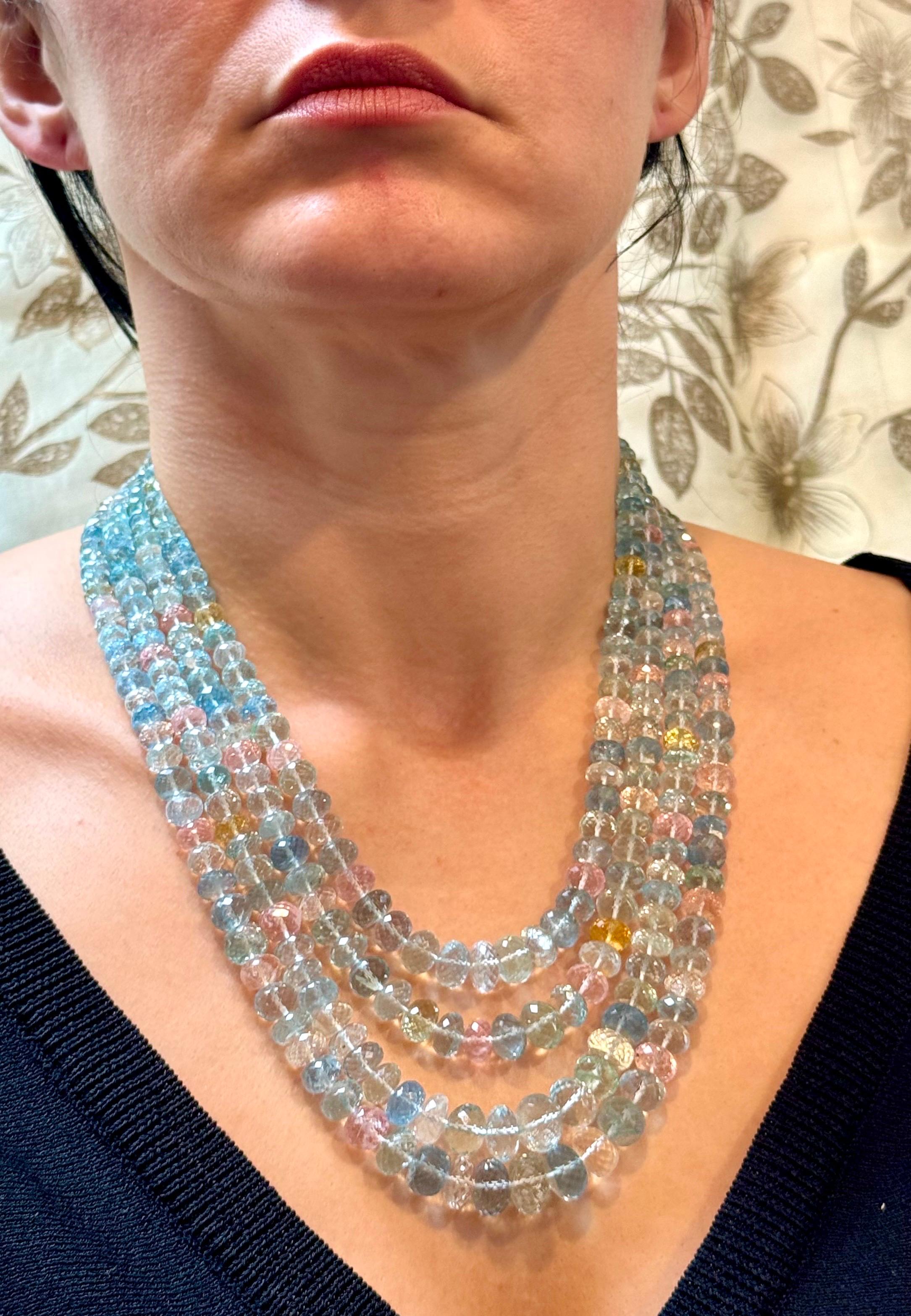 1000 Carat Natural Fine  Aquamarine Bead Necklace, Four Strand in Metal Clasp For Sale 10