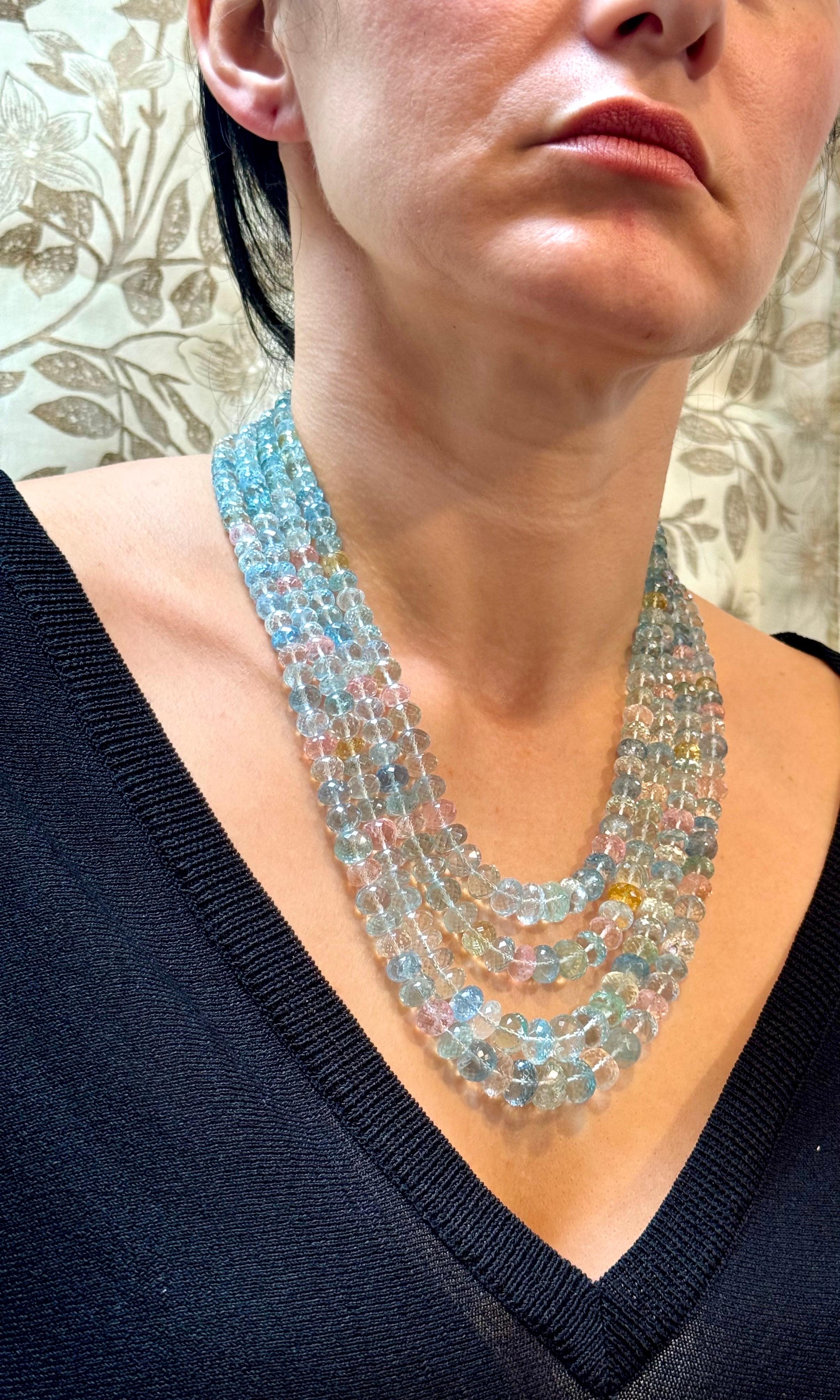 1000 Carat Natural Fine  Aquamarine Bead Necklace, Four Strand in Metal Clasp For Sale 9