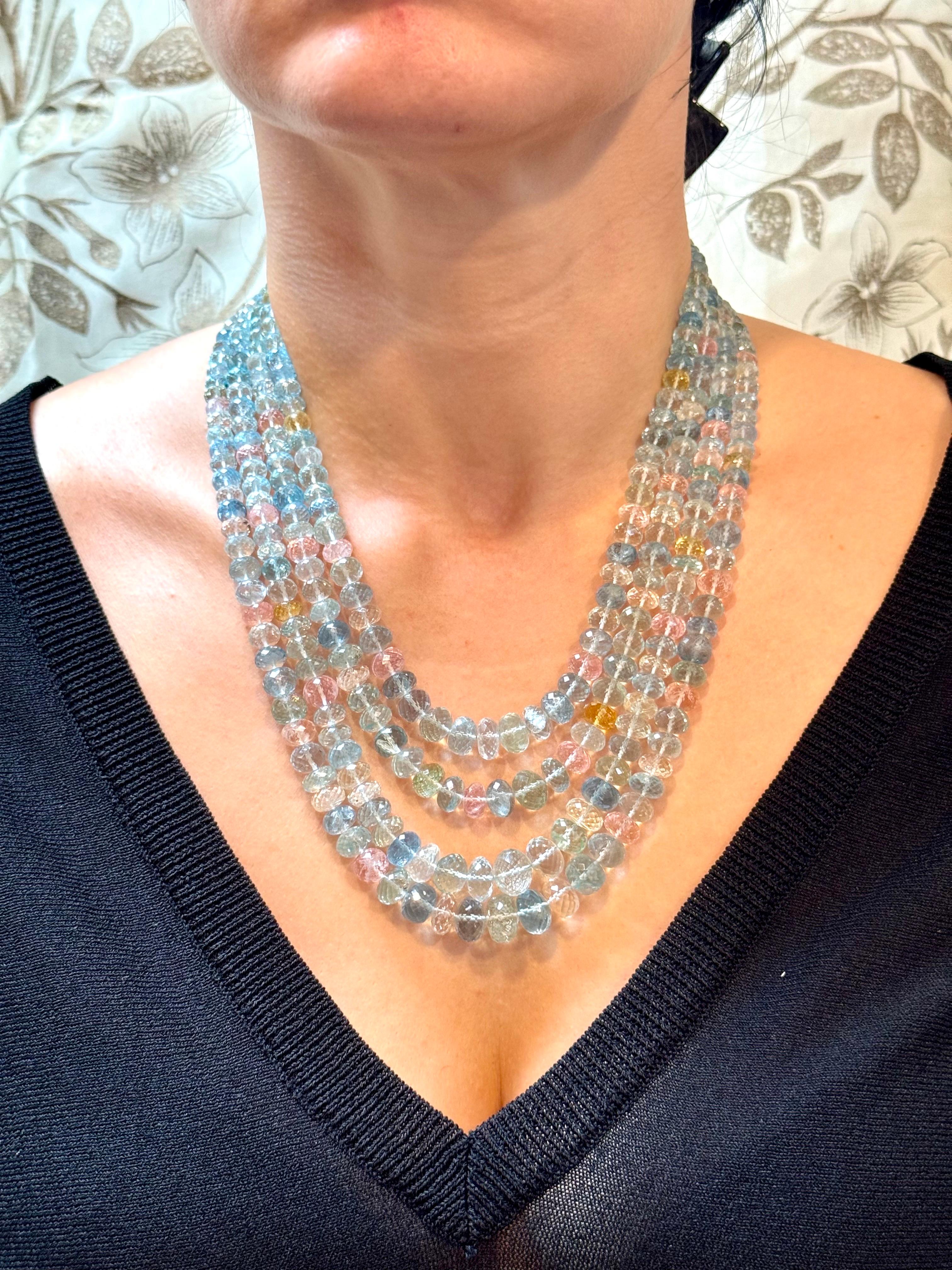 1000 Carat Natural Fine  Aquamarine Bead Necklace, Four Strand in Metal Clasp For Sale 12